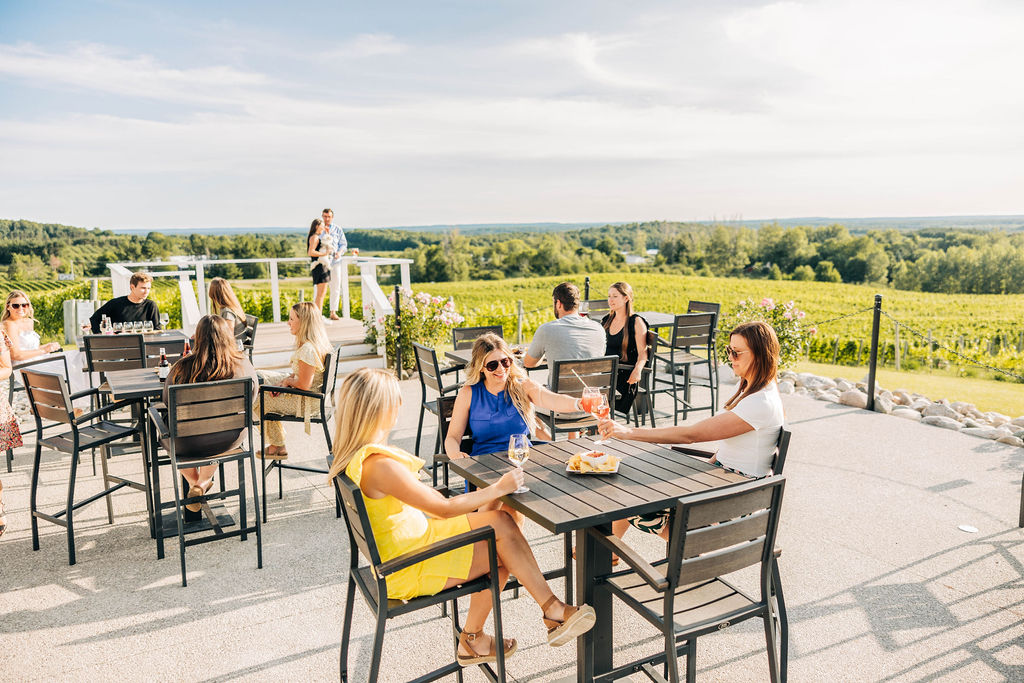 People sitting at outdoor tables on a patio with a view of green fields and a clear sky.