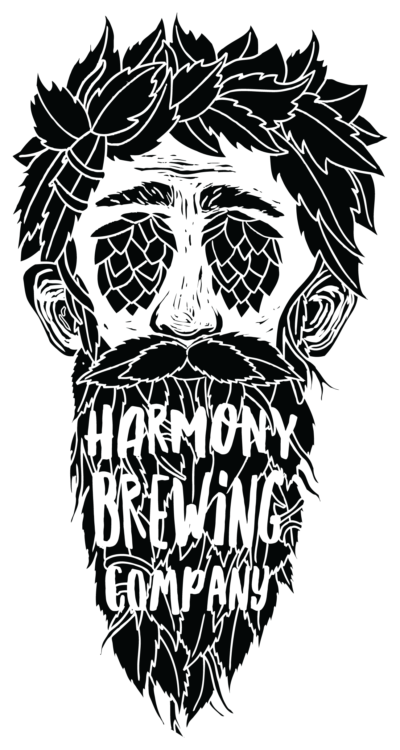 Black and white illustration of a bearded man's face with leaves as hair, and text reading 'HARMONY BREWING COMPANY'.