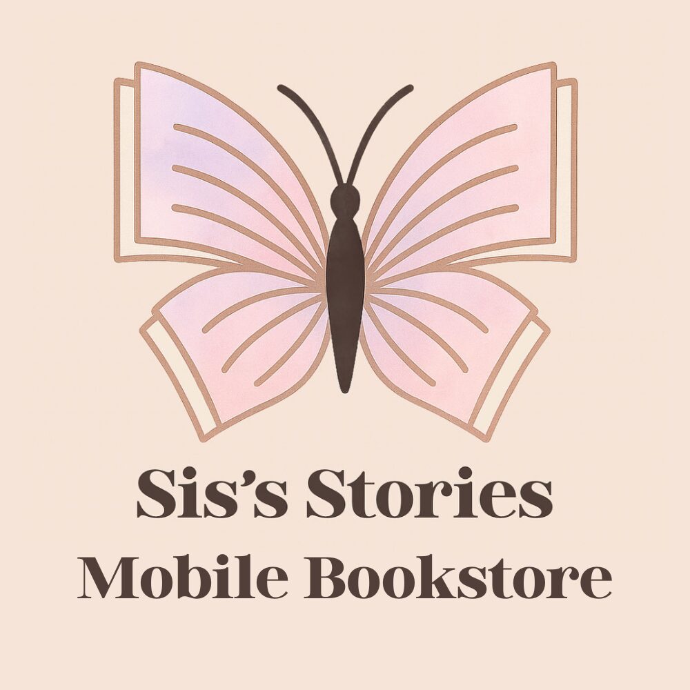 A butterfly with open wings above text for Sis's Stories Mobile Bookstore.
