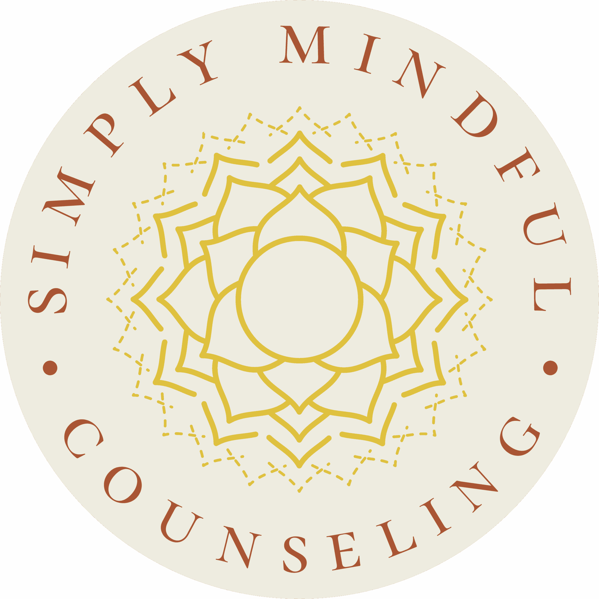 A circular logo with a yellow lotus flower design and the words 'Simply Mindful Counseling' around the edge.