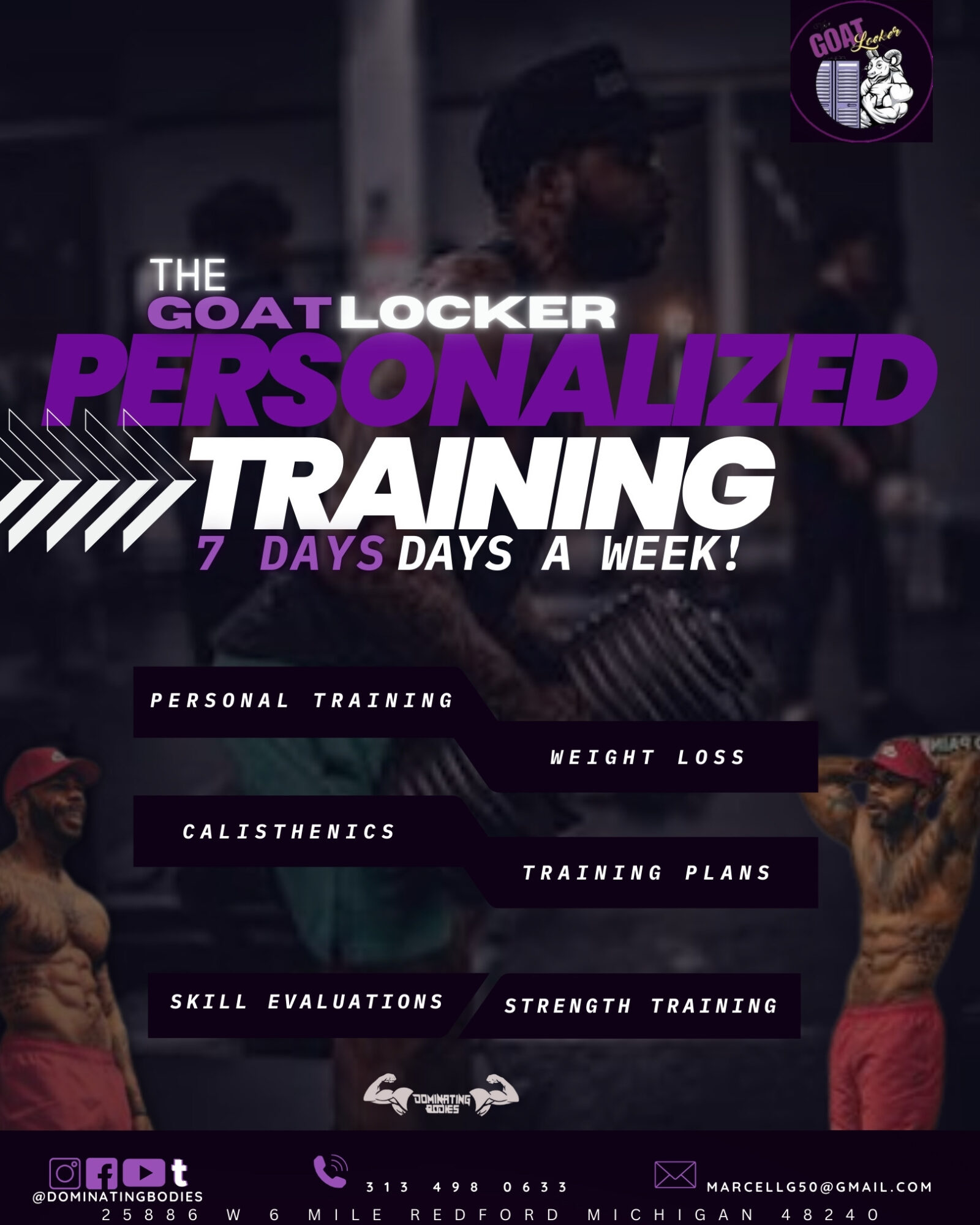 Text overlay on a dark background promoting personalized training, weight loss, calisthenics, training plans, skill evaluations, and strength training.