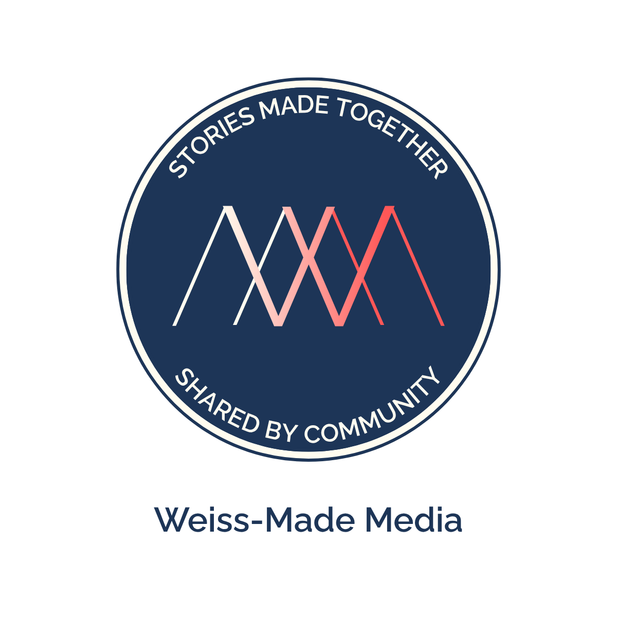 Circular logo with text 'Stories Made Together' and 'Shared by Community' surrounding stylized mountain peaks, with 'Weiss-Made Media' below.
