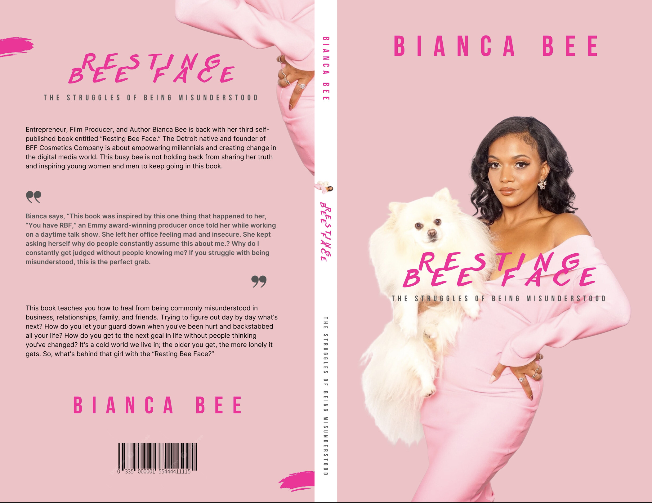 Woman in pink dress holding a white fluffy dog, pink background, book title and author text, minimal design.