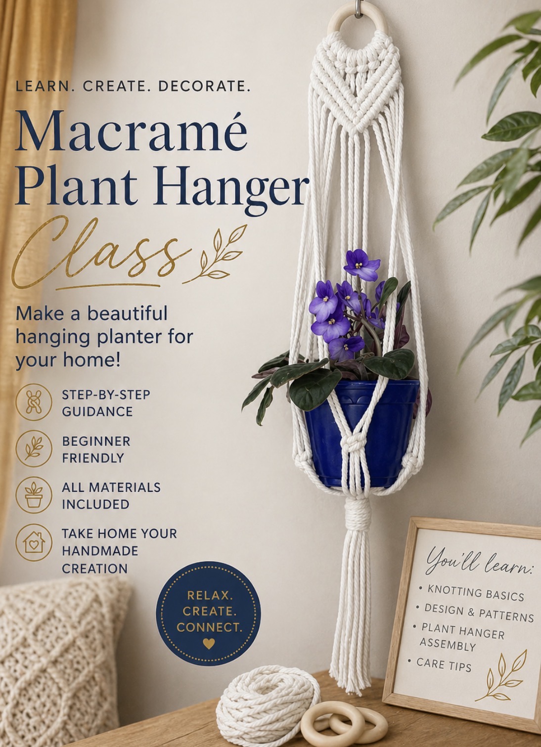 Macramé plant hanger with purple flowers hanging on wall, with a plant and a book nearby, and a ball of yarn in foreground.