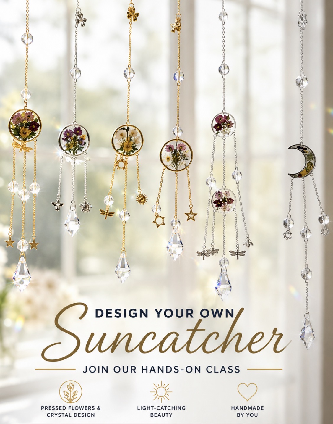 Hanging decorative suncatchers with beads and charms, including a moon, against a blurred window background.