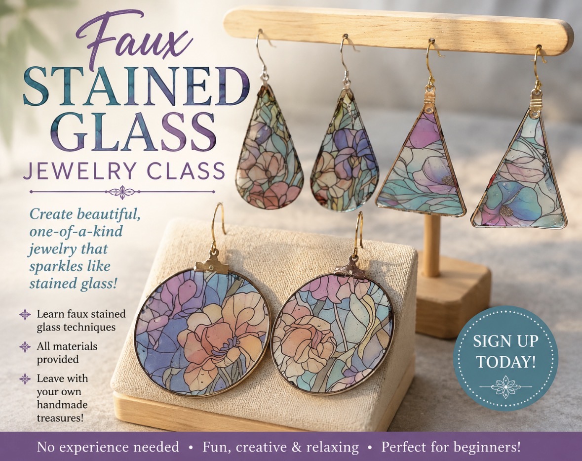 Display of stained glass jewelry including earrings and earrings with floral designs, on a wooden stand and a box, with promotional text.
