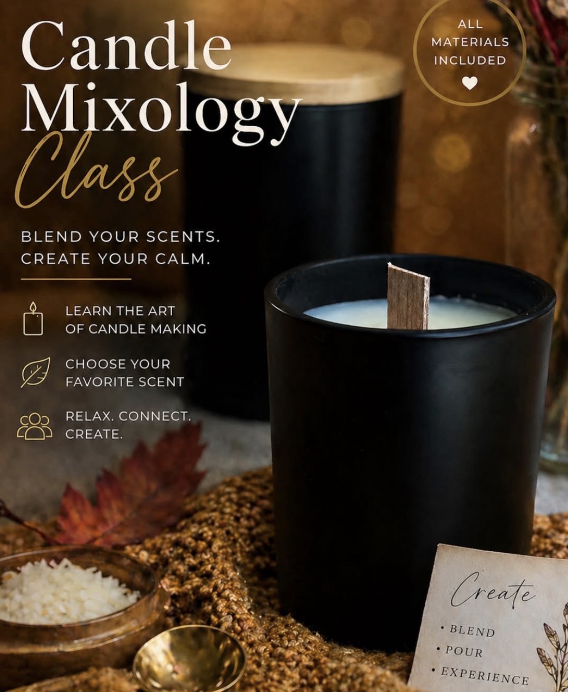 Black candle in a black holder with a wooden wick, surrounded by ingredients and a note, on a table.