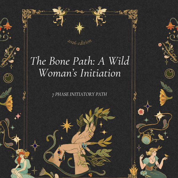 Book cover titled 'The Bone Path: A Wild Woman's Initiation' with decorative border and mythical illustrations.