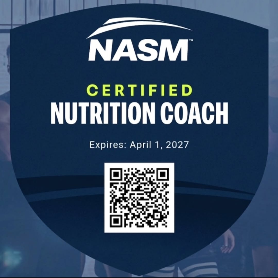 NASM Certified Nutrition Coach badge with expiration date and QR code, on a dark background.