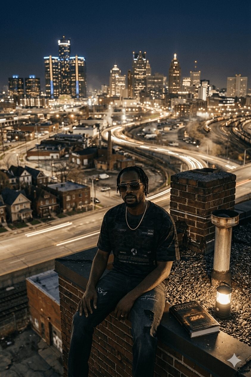 Person sitting on a rooftop at night with city skyline and illuminated buildings in the background.