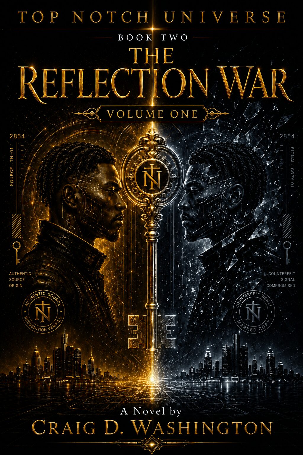 Book cover titled 'The Reflection War' by Craig D. Washington, featuring two faces in profile with a glowing key between them.