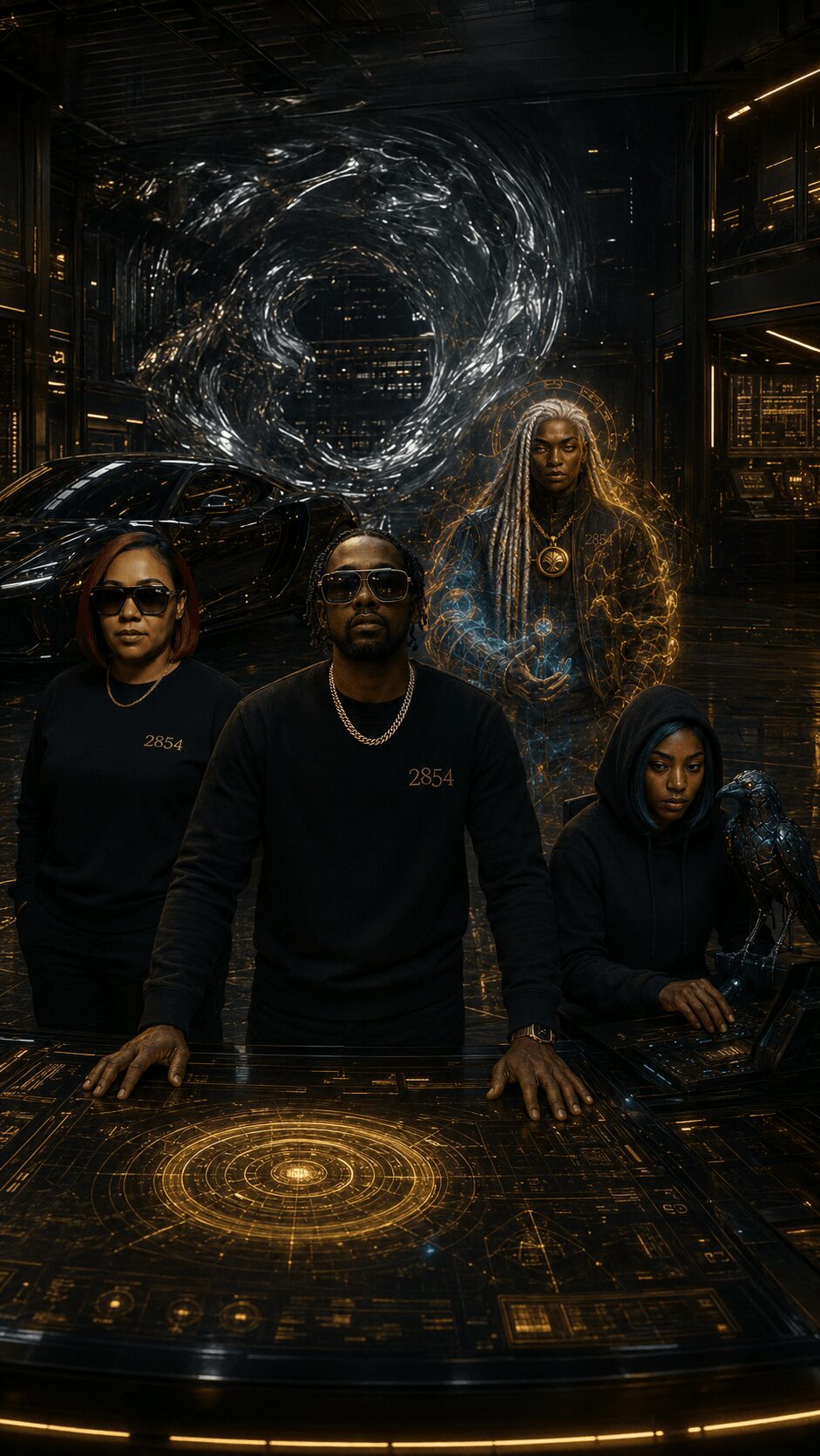 Four people in a high-tech room with holographic displays and a swirling vortex in the background.
