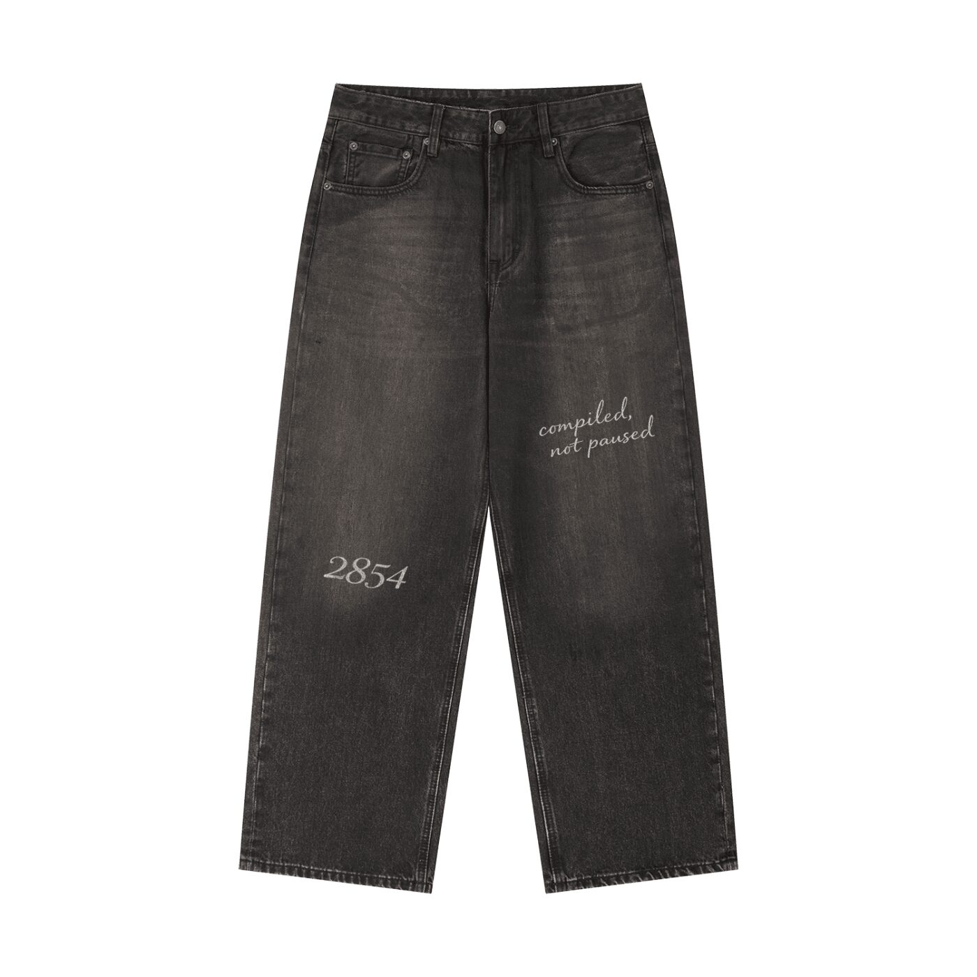 Black wide-leg jeans with handwritten-style text and numbers on the front, plain background.