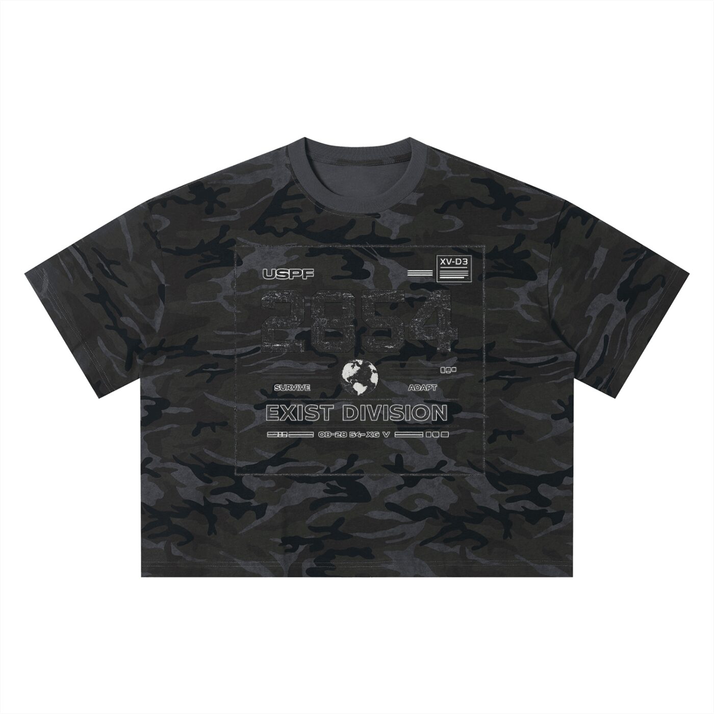 Camouflage T-shirt with various printed text and graphics, including a rectangular patch and a circular emblem, on a white background.
