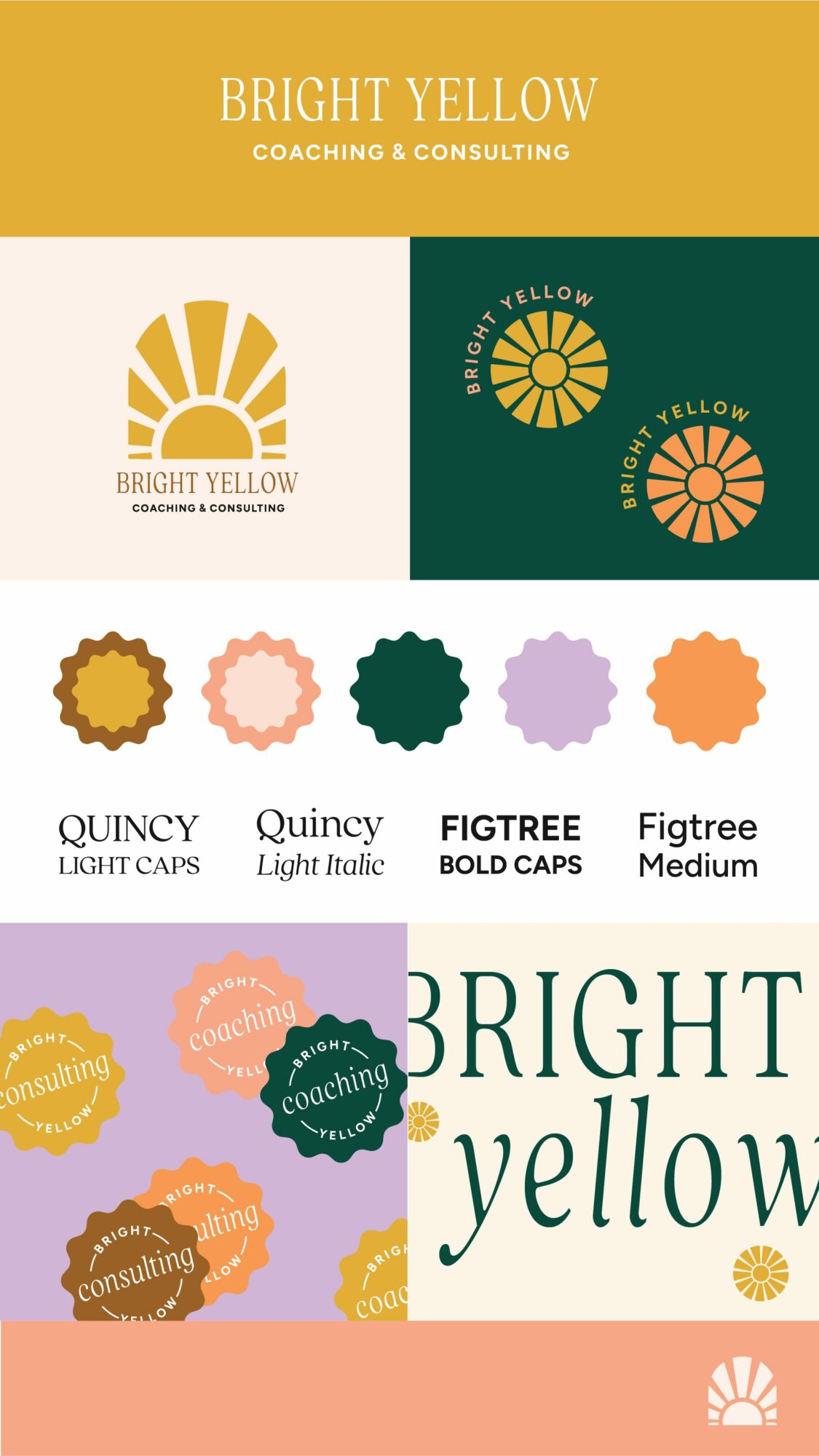 Four logo designs with yellow, green, orange, and purple color schemes, and text labels for different cap styles and colors.