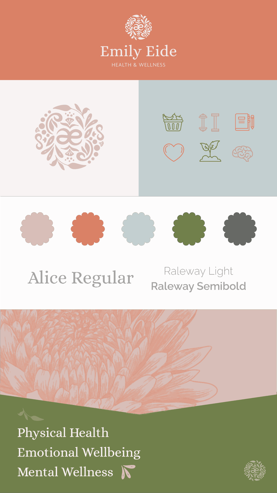 Business card with name Emily Eide, icons for health and wellness, color palette, and text about health topics.