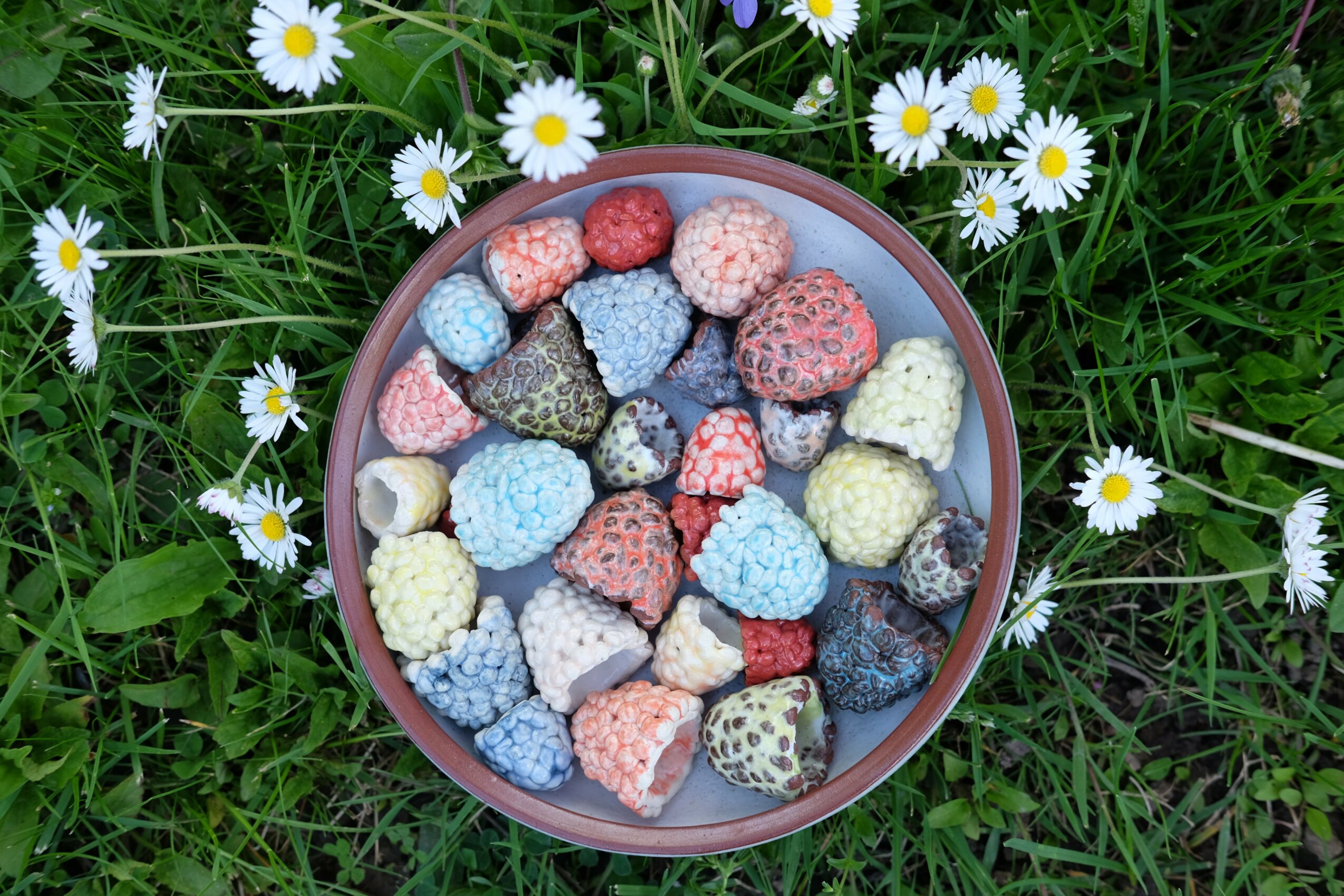 A bowl of mixed berries and candies on grass with white daisies around it.