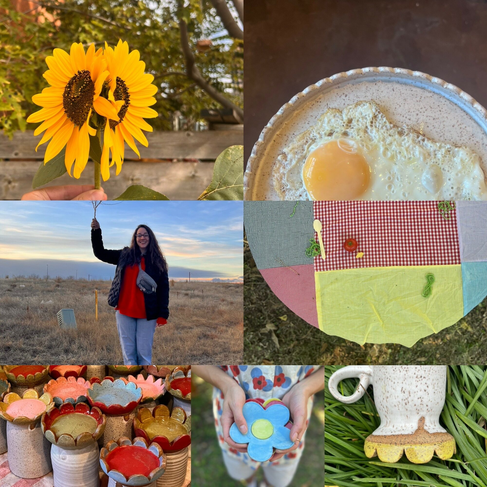Sunflower with bee, fried egg in pan, woman holding umbrella outdoors, colorful paper, decorated cupcakes, person holding a blue flower, ceramic teapot with yellow and white design, green leaves