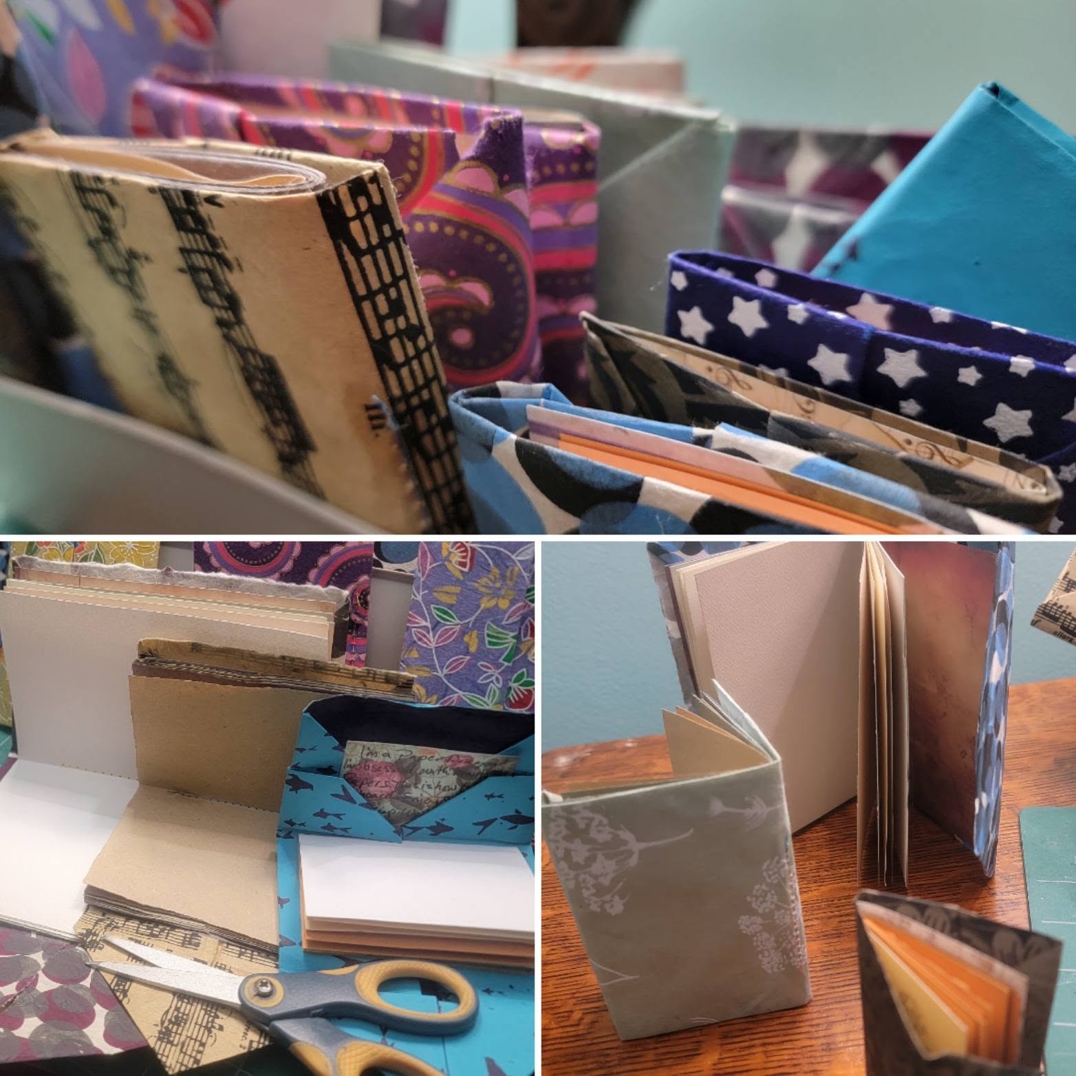 Close-up of various wallets and pouches with colorful patterns and designs, some with zippers and others with open compartments.