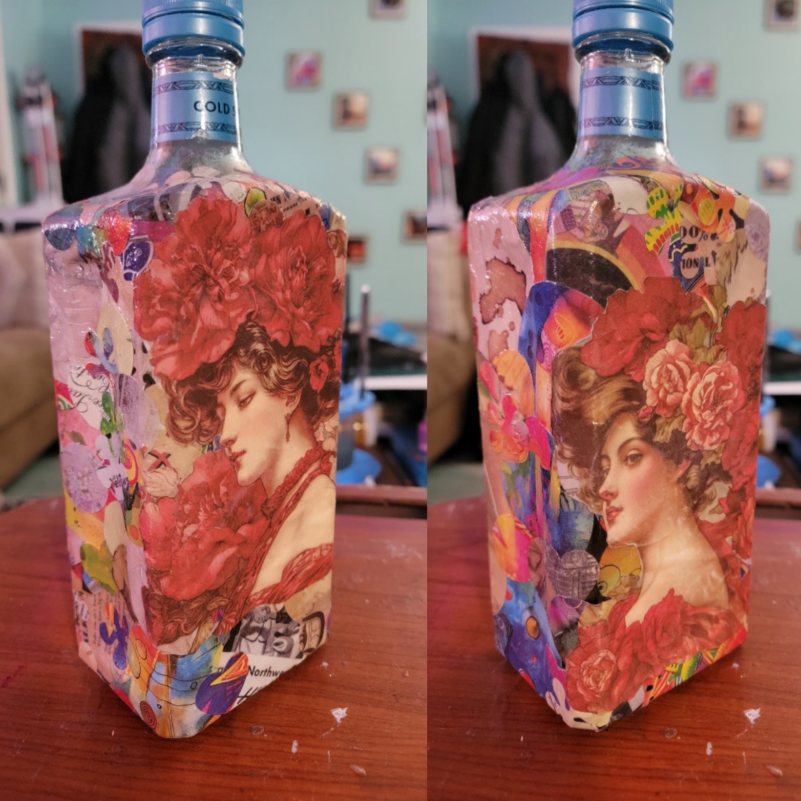 Decorative bottle with a collage of floral and portrait images, featuring a woman with curly hair and red flowers, on a wooden surface.