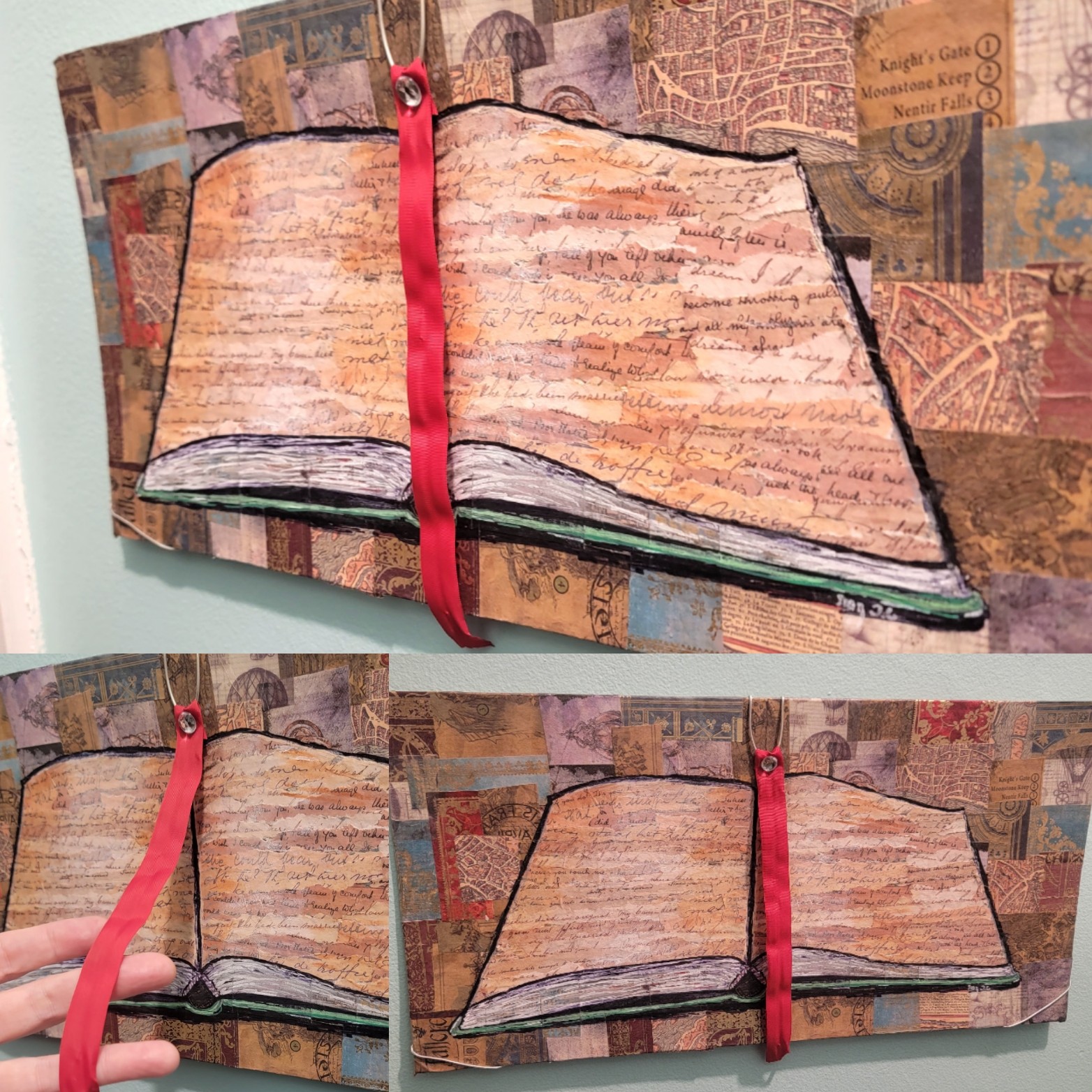 Open book with a red ribbon bookmark on a colorful background, viewed from the side and top angles.