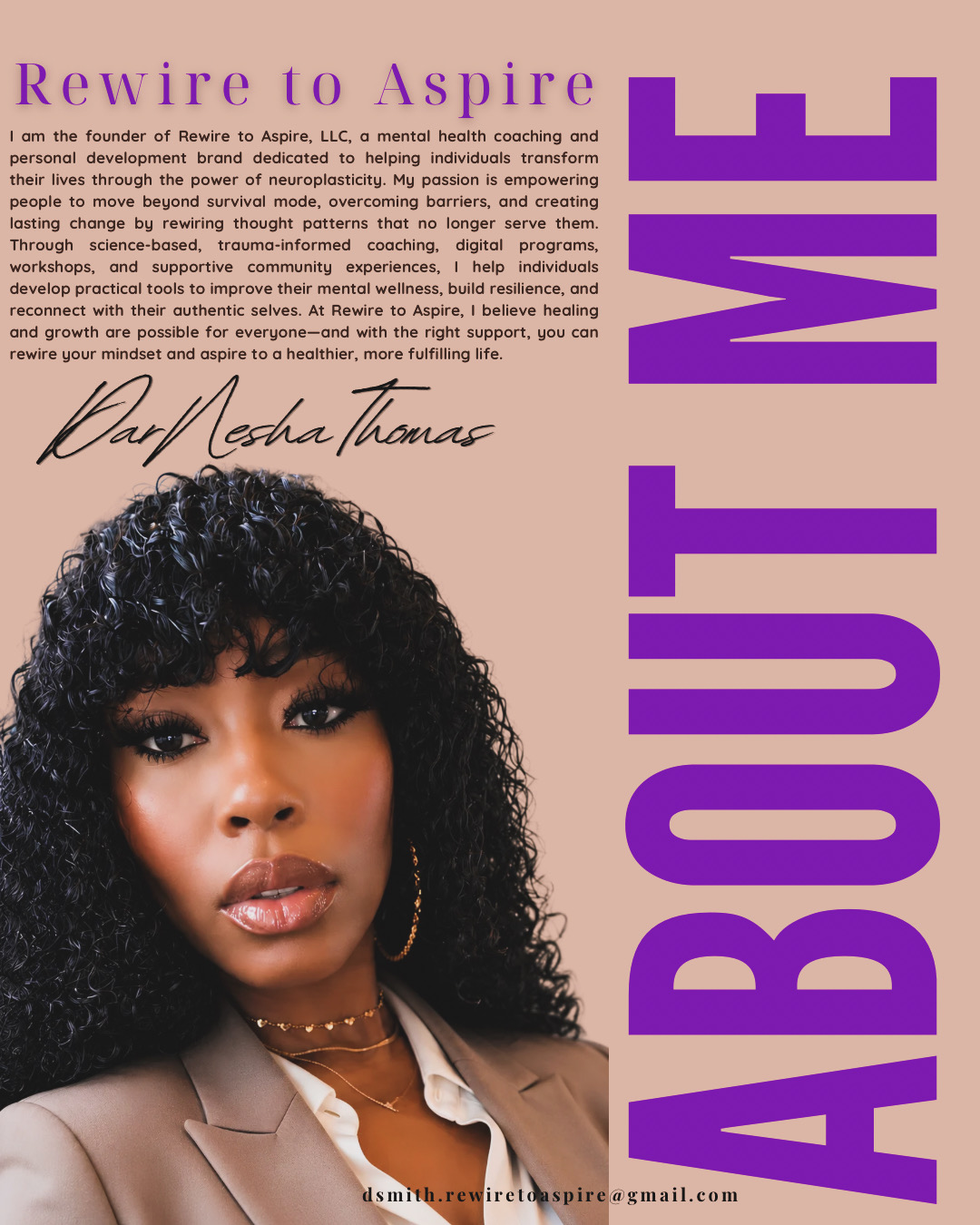 Close-up of a woman with curly hair, wearing a beige blazer and gold jewelry, against a purple background with text.