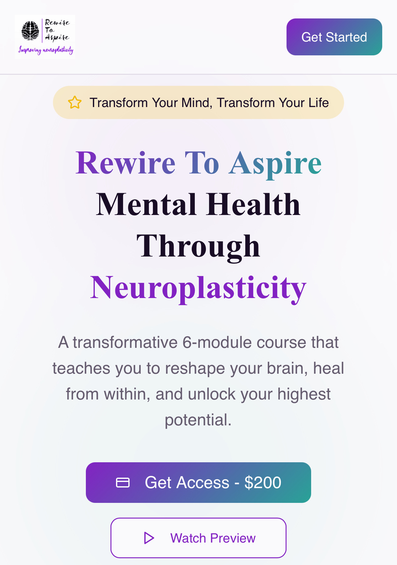 Promotional flyer for a mental health course titled 'Rewire To Aspire' with a price and preview button.