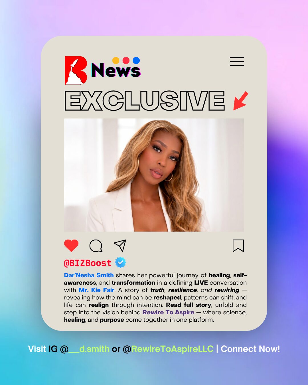 A woman with long blonde hair posing for a photo, with a news headline and social media icons above her.
