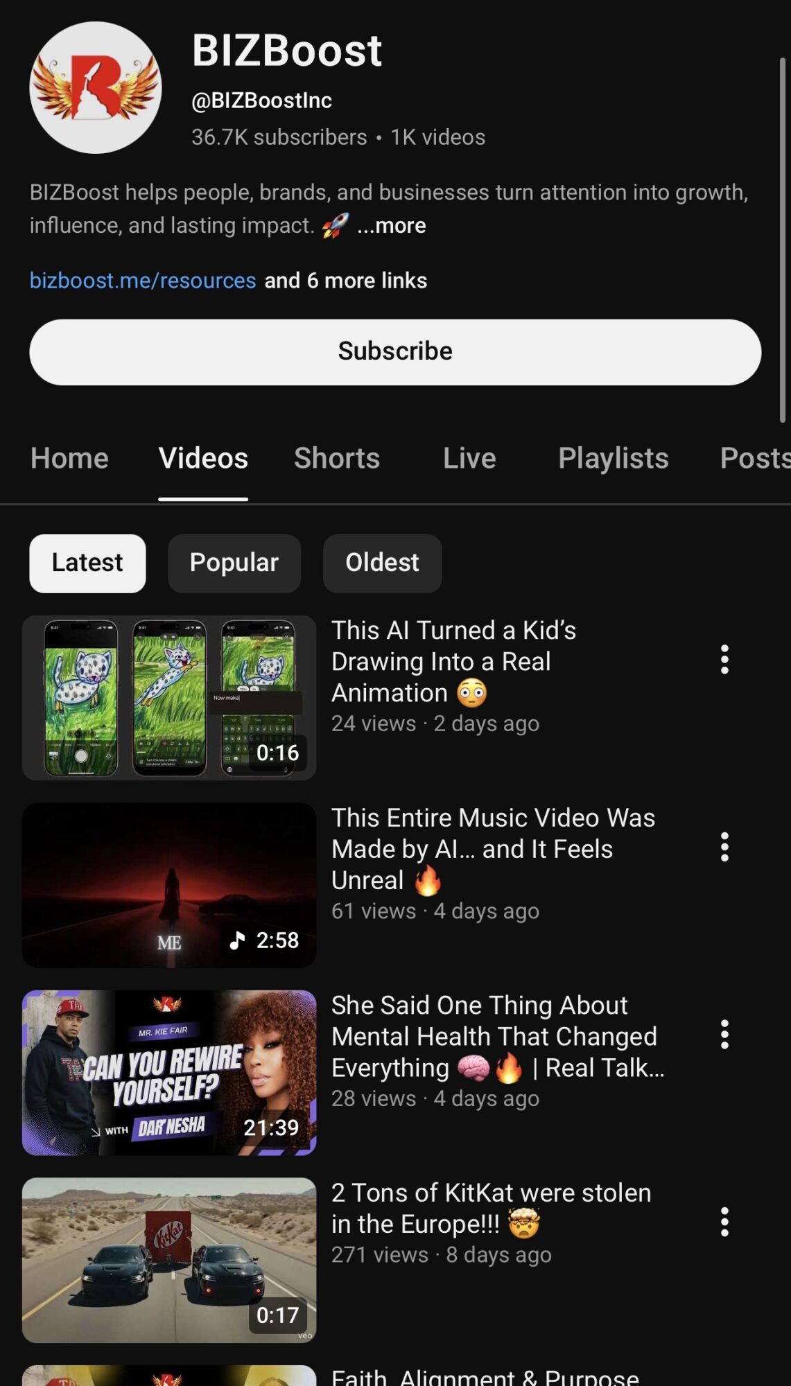 YouTube channel page with video thumbnails and a subscribe button, showing a video titled 'This AI Turned a Kid's Drawing into a Real Animation'.
