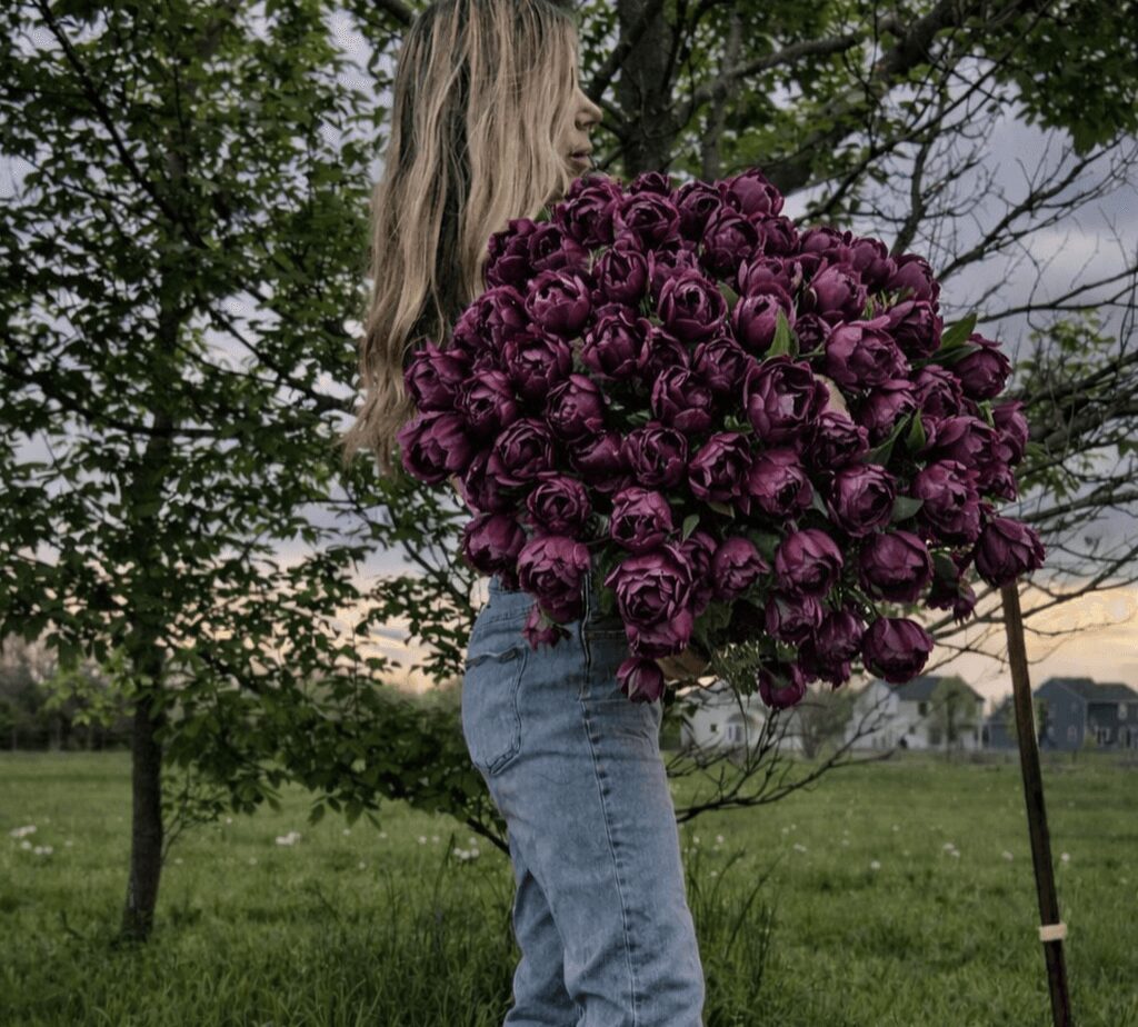 Person holding a large bouquet of purple flowers outdoors, with trees and a field in the background.