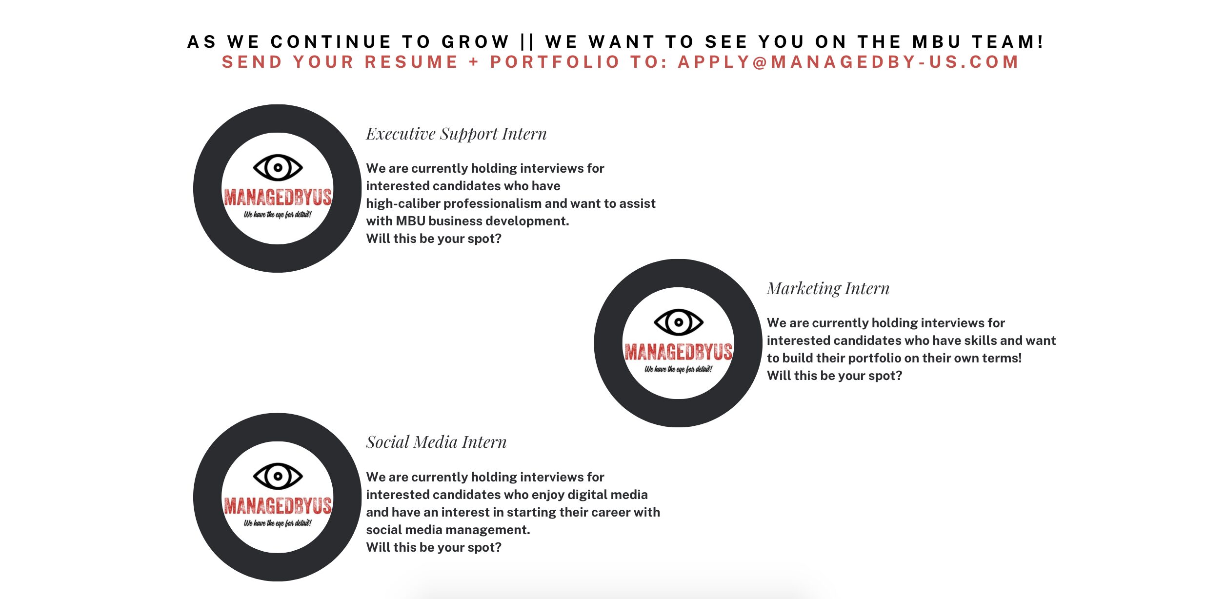 Three black and white eye icons with text about resume, marketing, and social media interests, and a red banner at top.