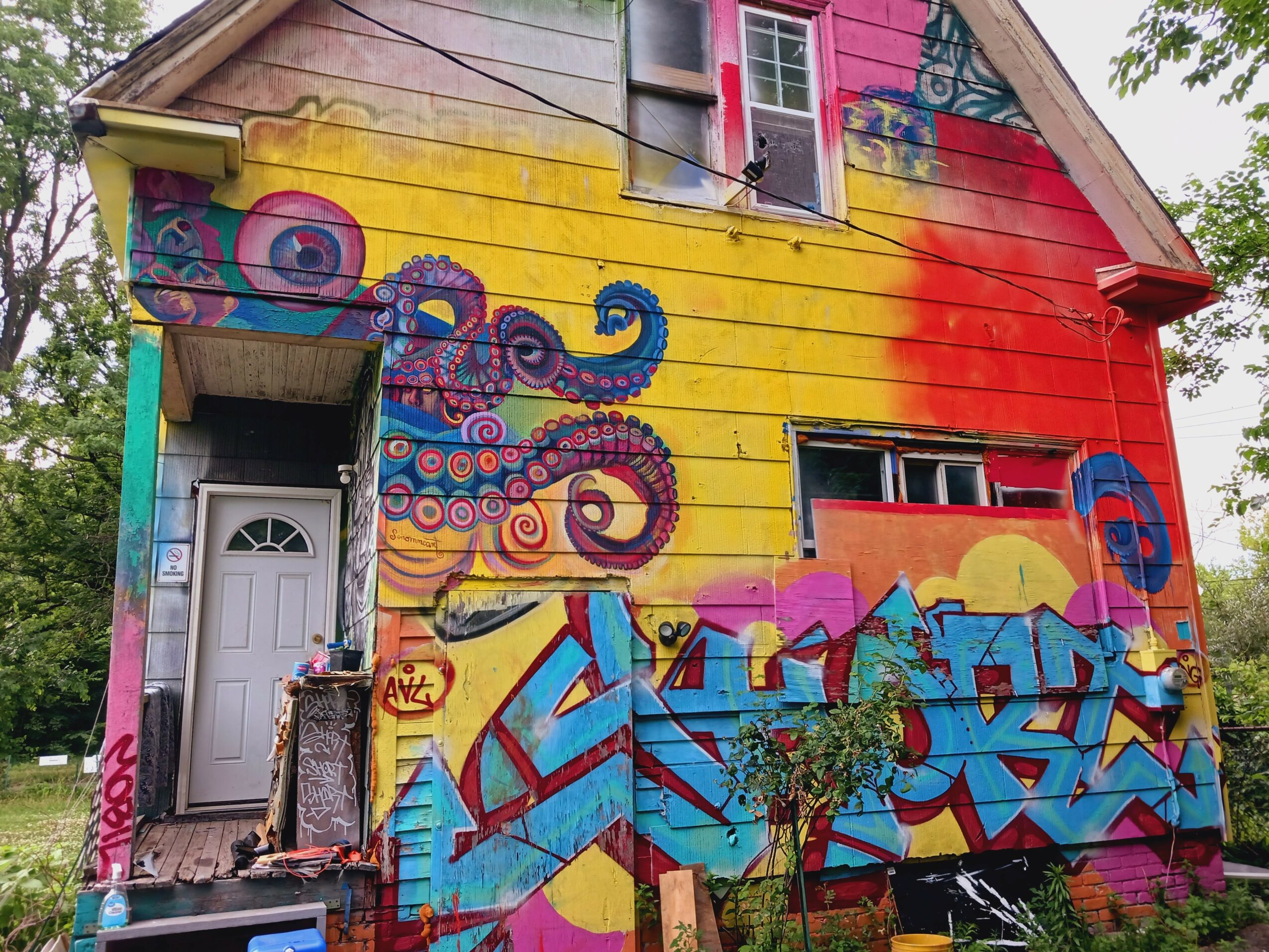 Colorful house with a mural of an octopus and abstract shapes, featuring a white door and window, surrounded by trees.