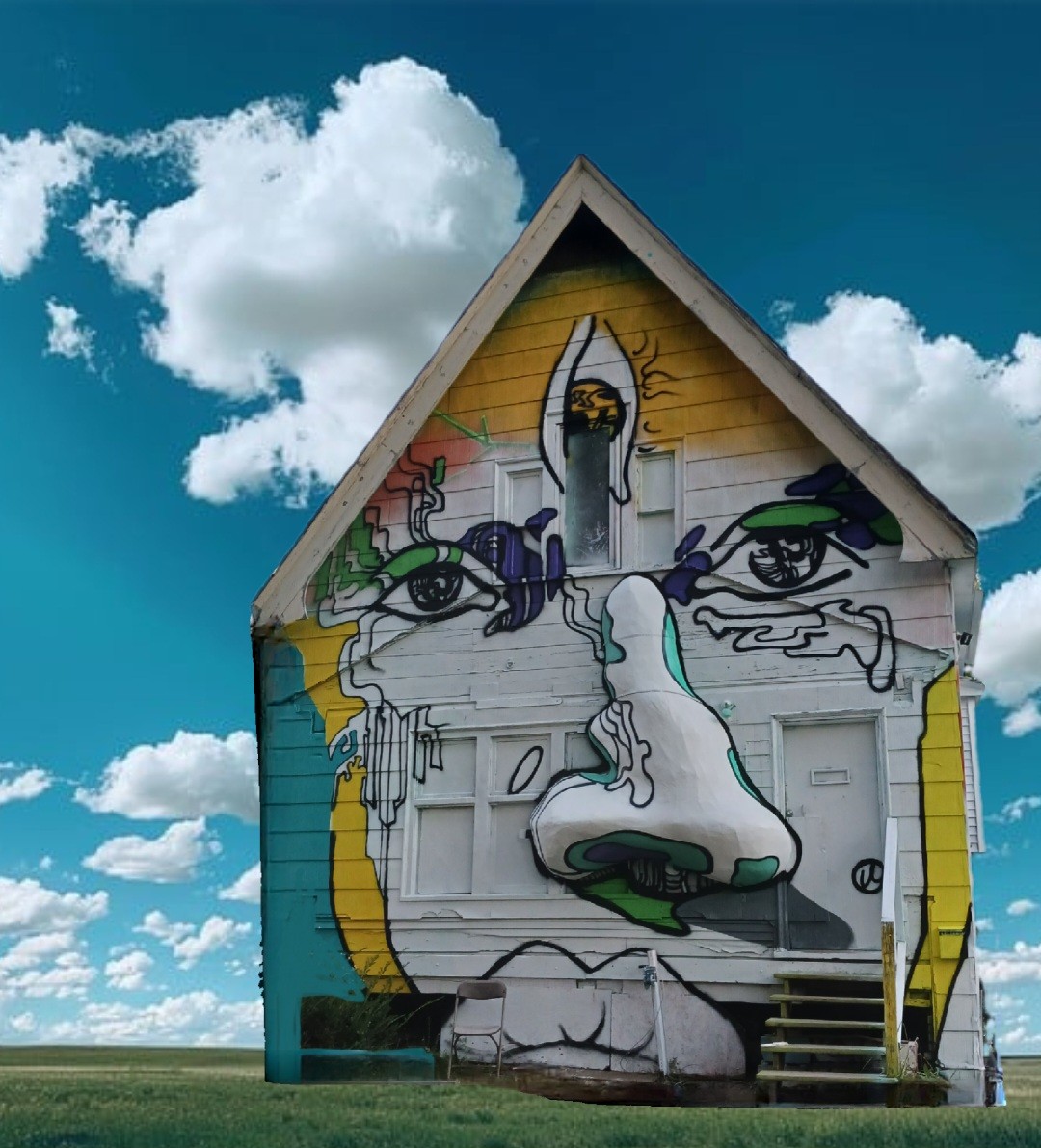 House with colorful graffiti art of a face, eyes, and hand, under a blue sky with clouds.
