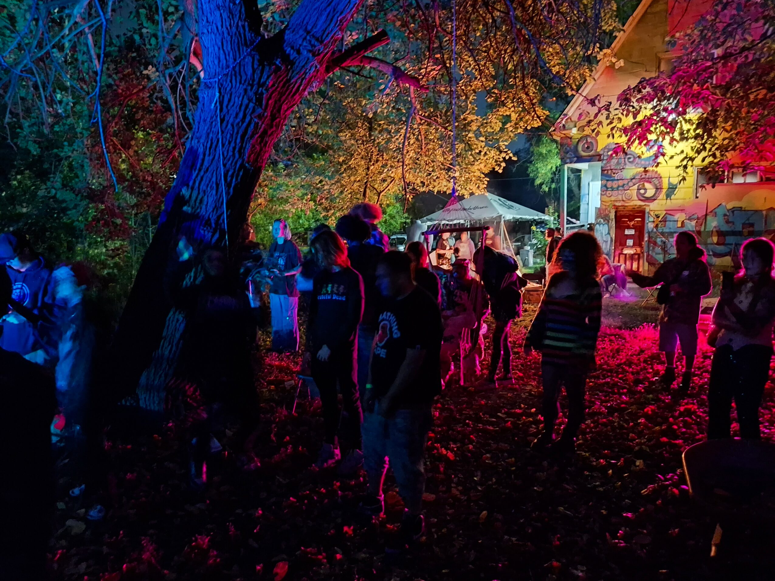People gathered outdoors at night with colorful trees and illuminated tents, some standing and talking, autumn leaves on ground.
