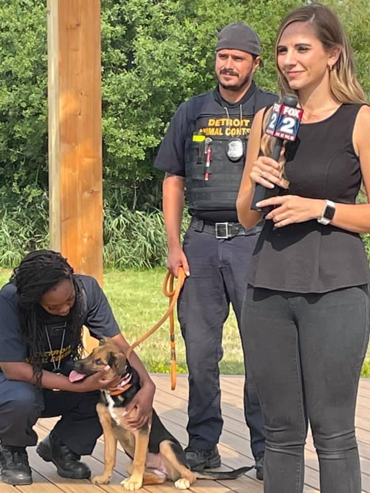 Female news reporter holding microphone, woman kneeling with dog, man in uniform standing outdoors, green trees in background.