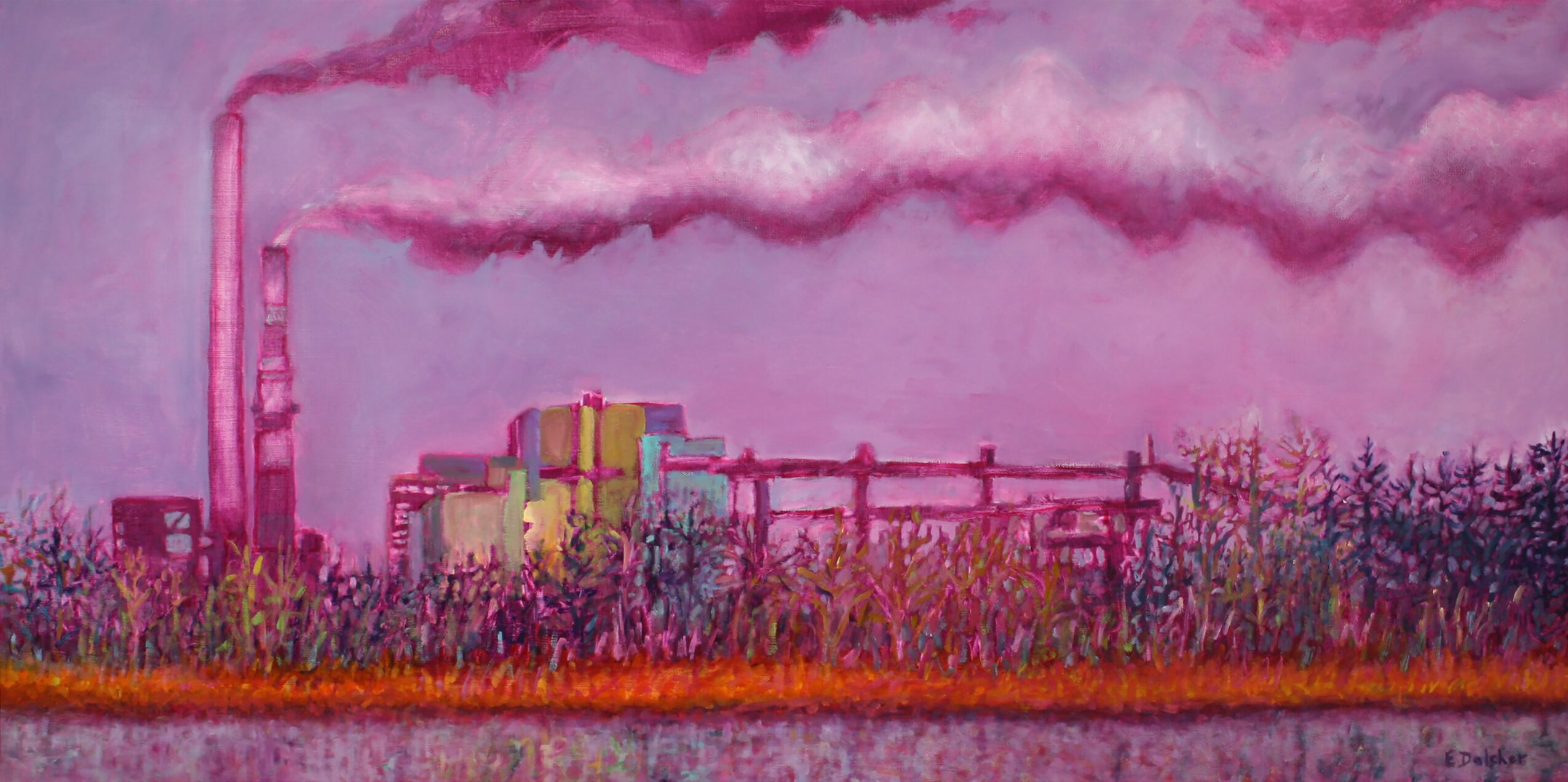 Industrial factory emitting pink smoke with pipes and structures, surrounded by vegetation, under a pink sky.