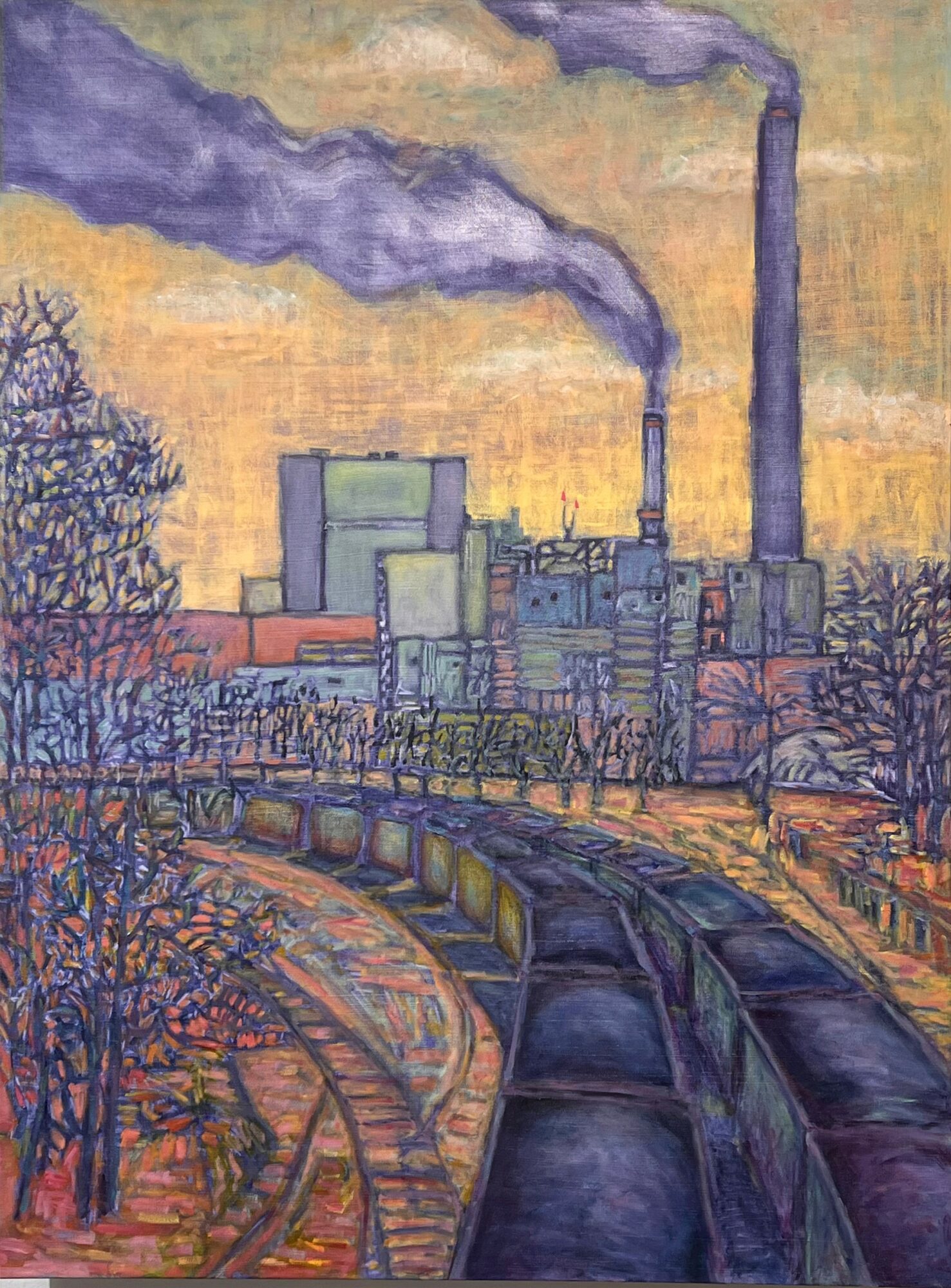 Industrial factory with smoke stacks emitting dark smoke, train tracks, and leafless trees, in a colorful, stylized painting.