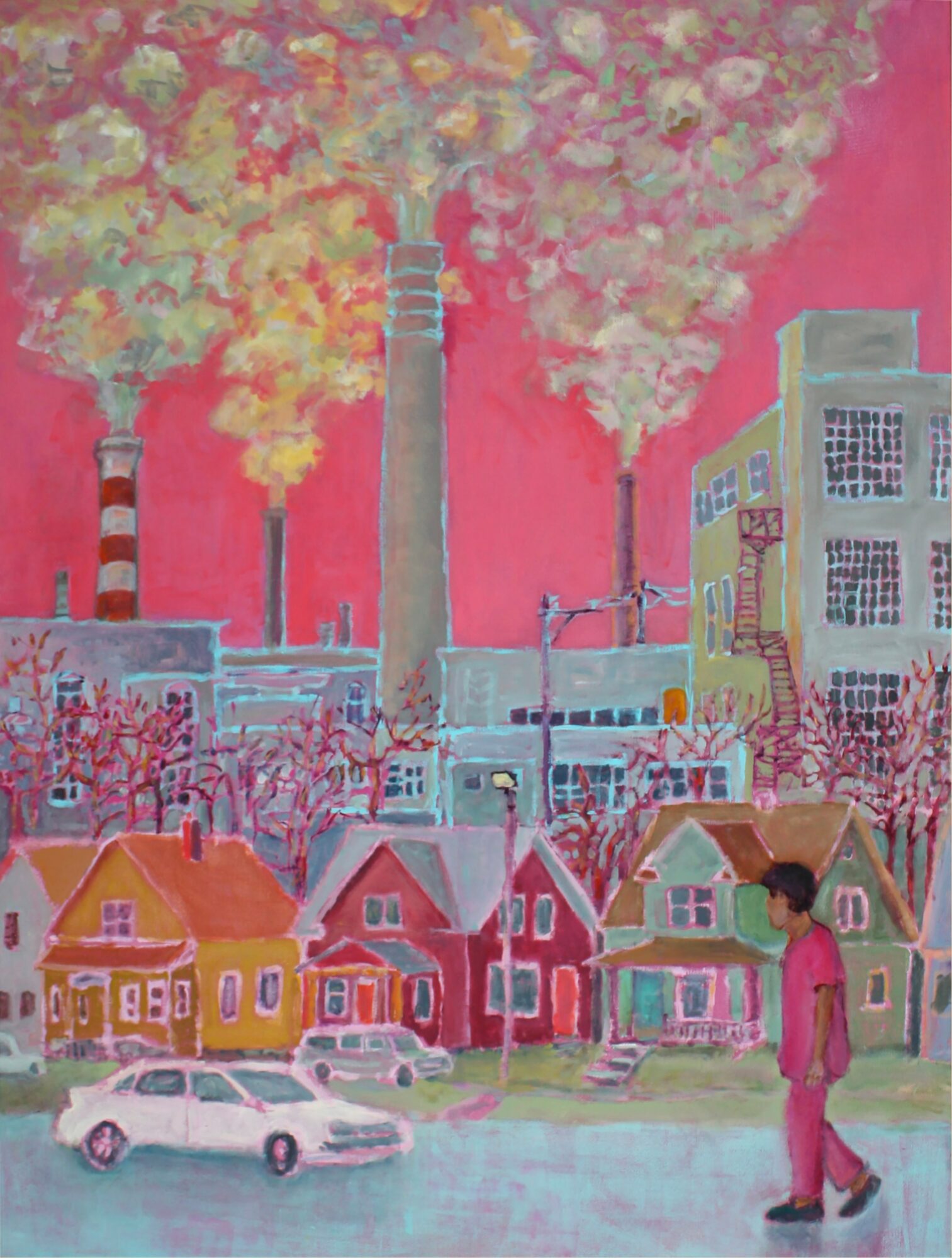 A colorful painting of a cityscape with factories emitting smoke, houses, and a person walking, against a pink sky.