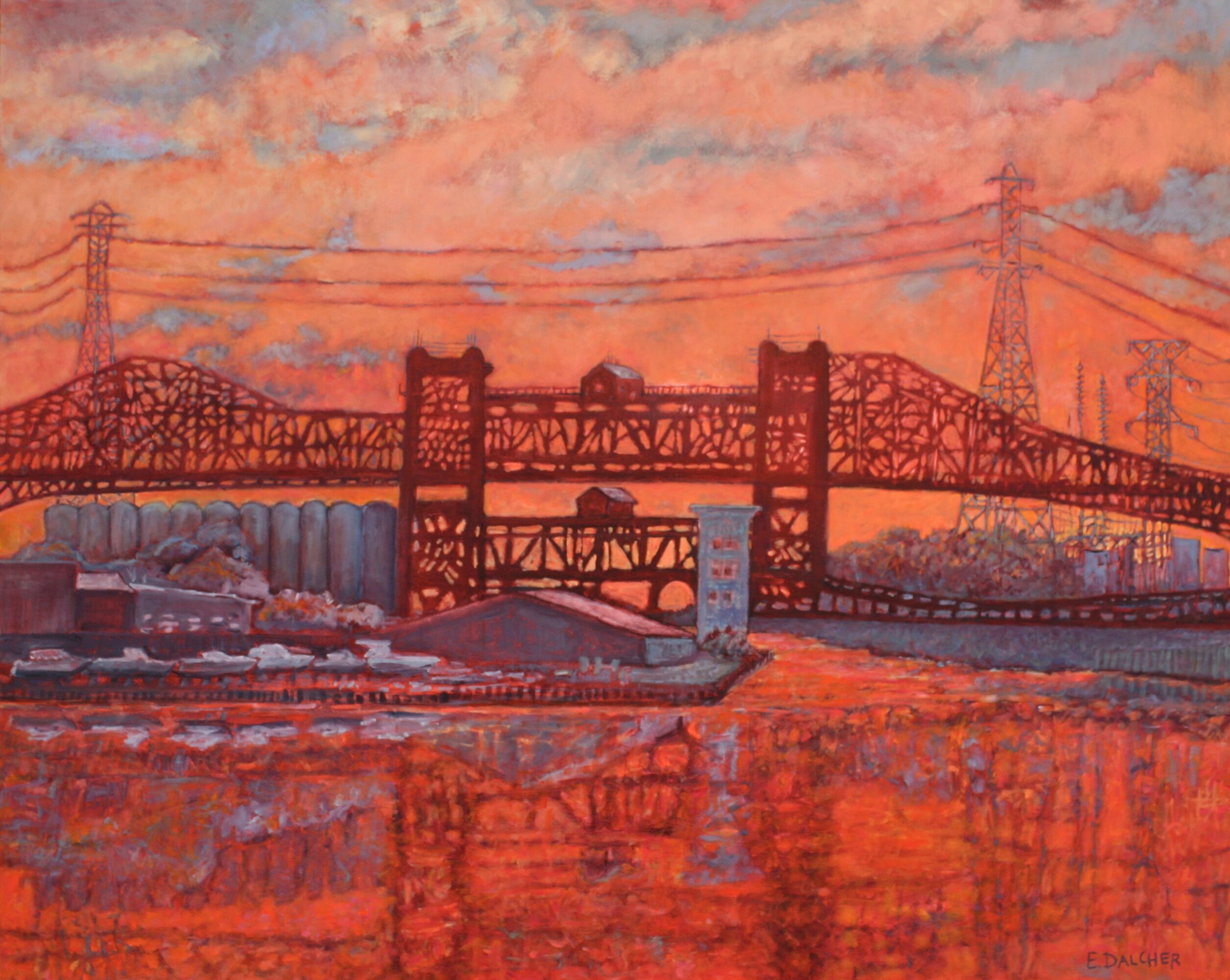 Sunset over a bridge with power lines, reflecting on water, in a colorful, impressionistic style.