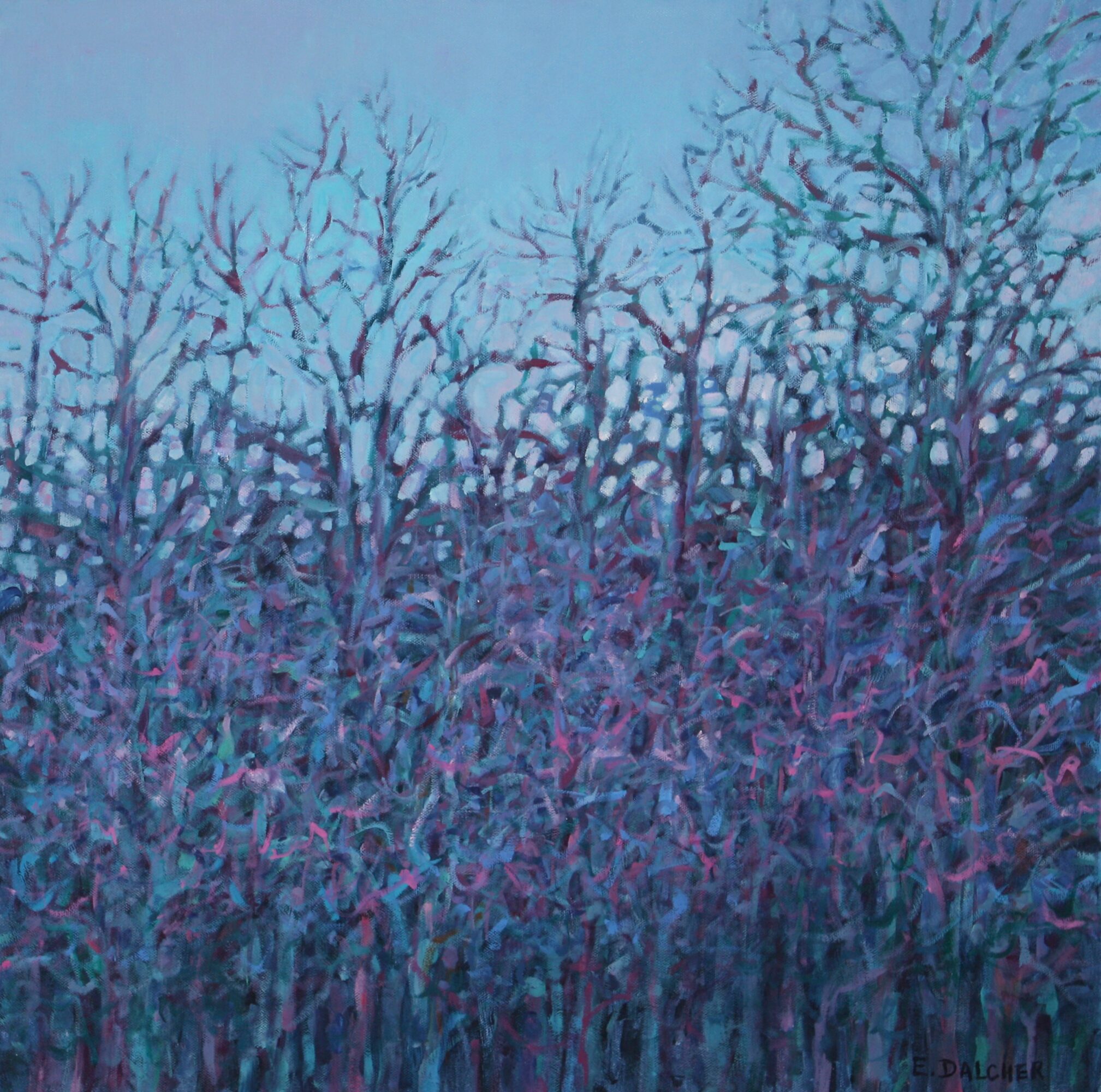 Winter scene with leafless trees and dense bushes against a blue sky, painted in shades of blue and purple.