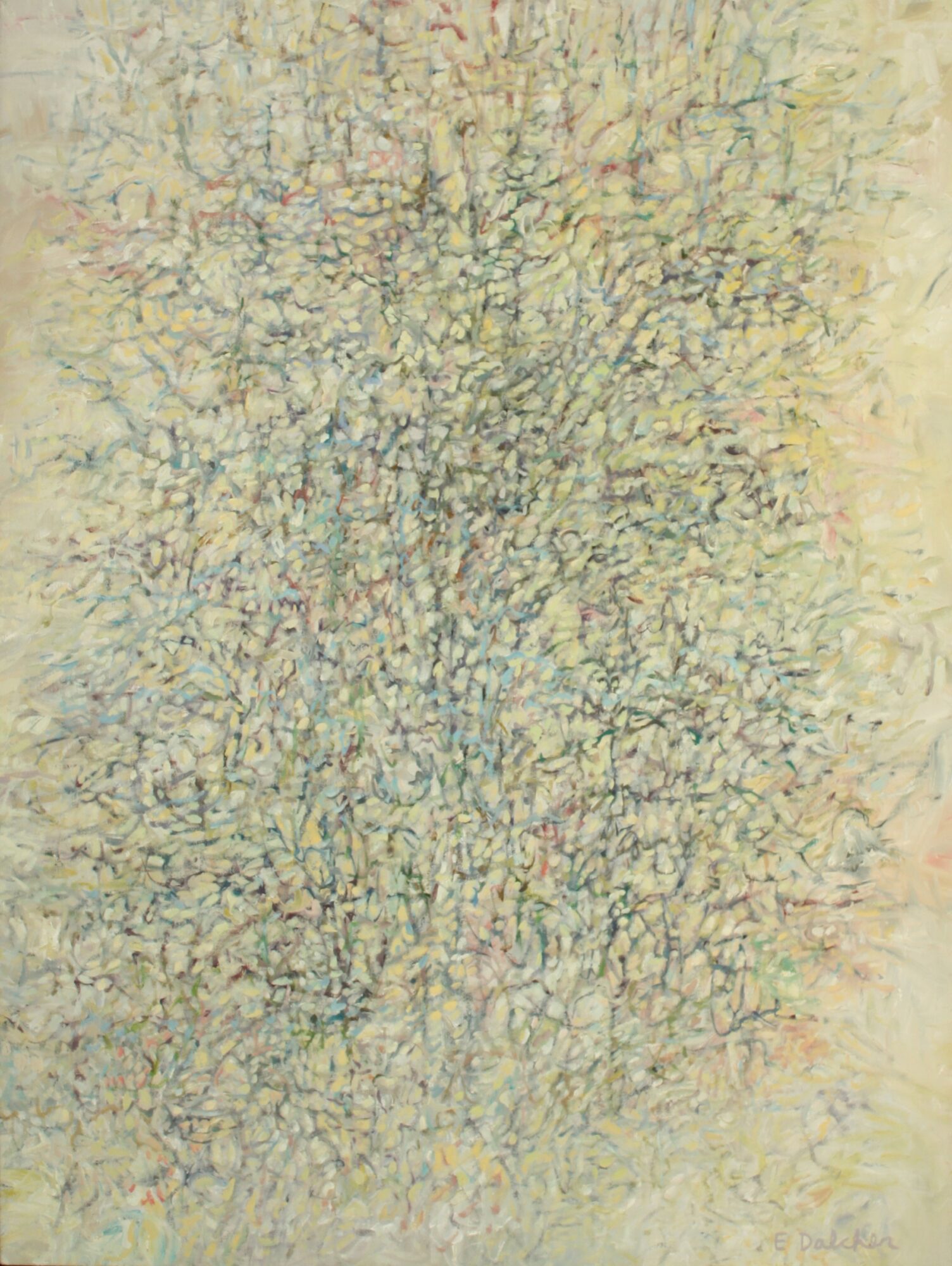 Abstract textured pattern with fine, crackled lines in light colors on a pale background.