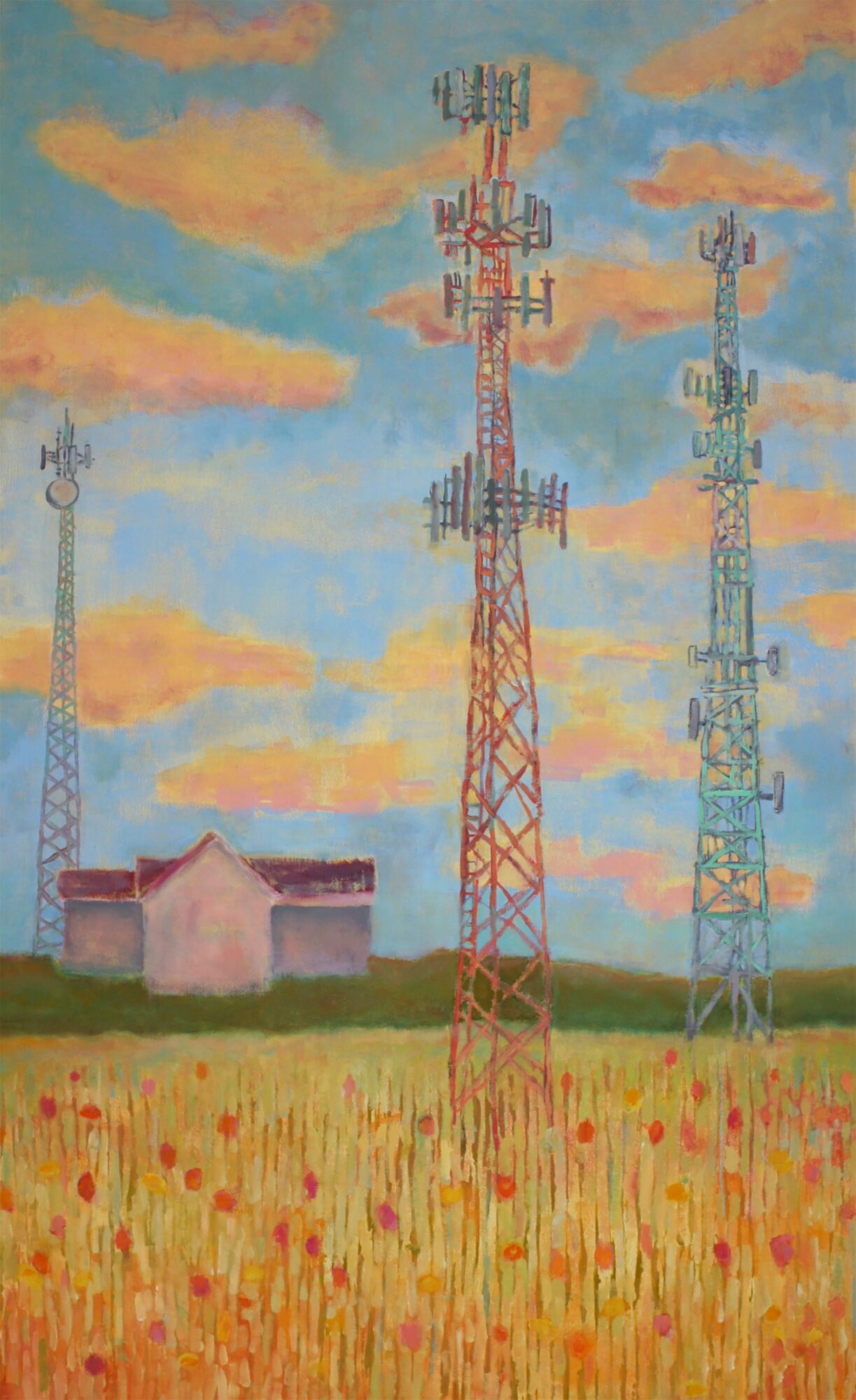 Sky with orange and pink clouds, three communication towers, and a field with red flowers.