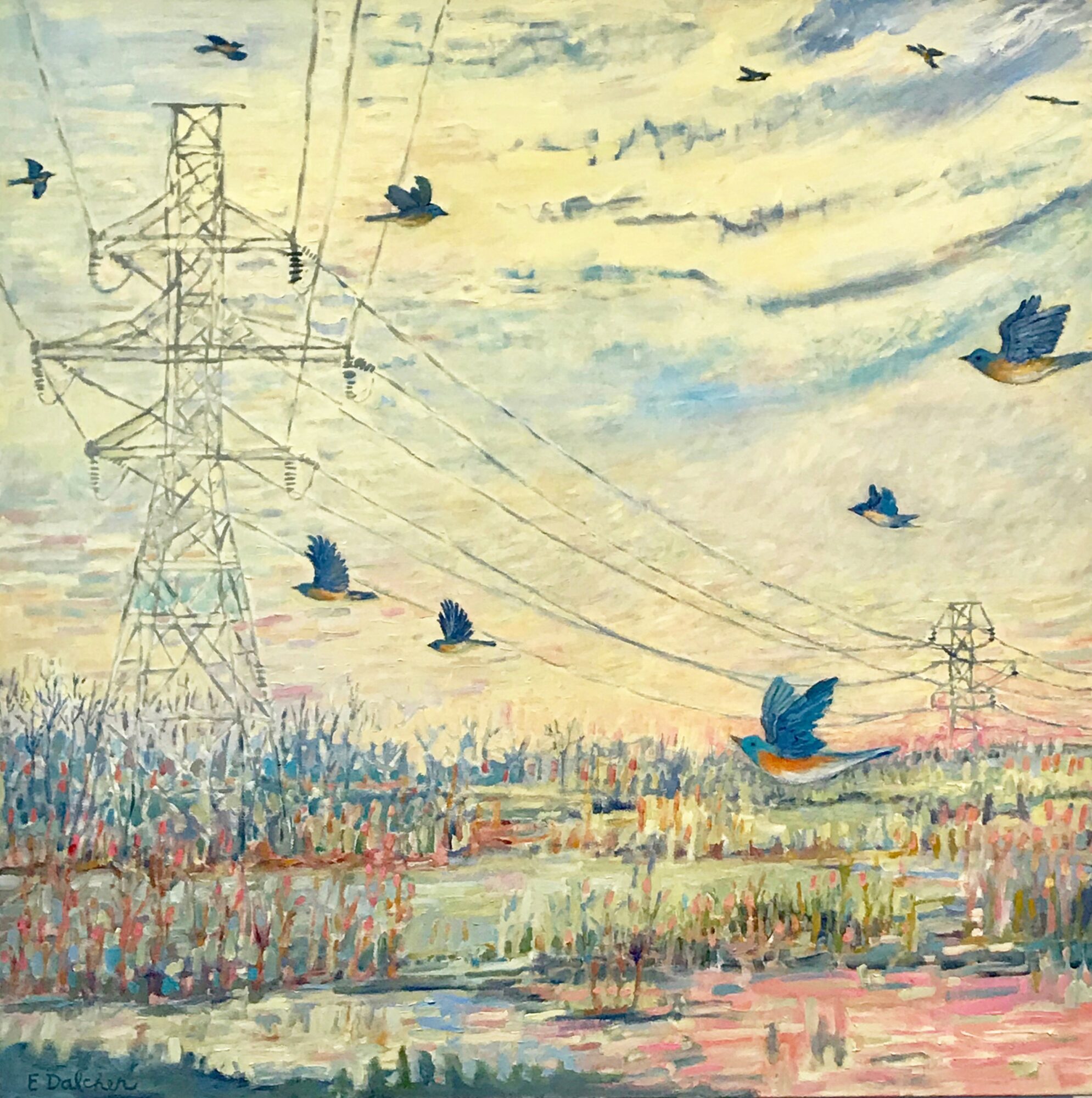 Painting of power lines and towers with birds flying in a colorful sky, landscape below with grass and water reflections.