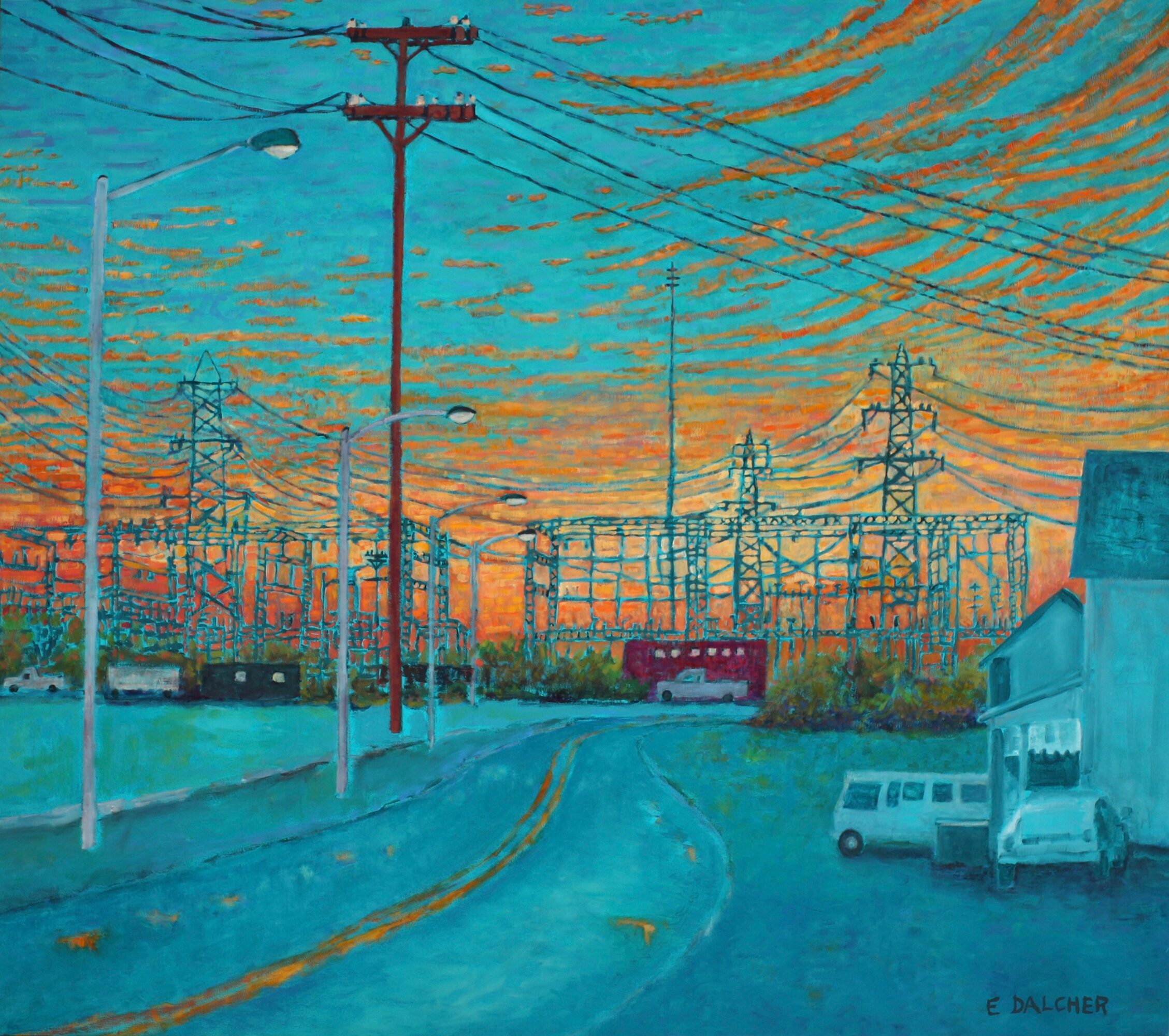 Street scene with power lines, utility poles, buildings, and a vehicle under a colorful sky.