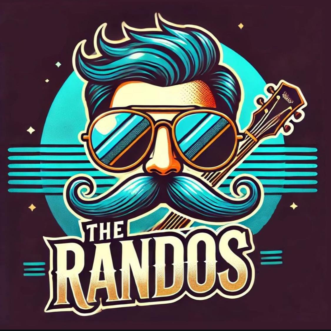 Stylized illustration of a person with blue hair, sunglasses, a mustache, and a guitar, with the text 'The Randos'.