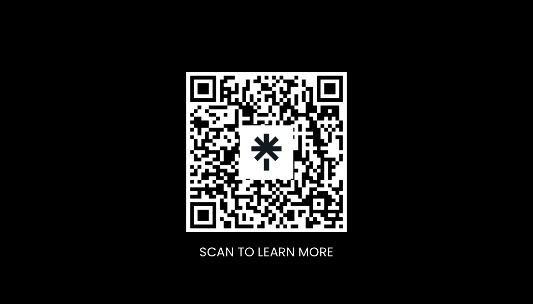 Black background with a white QR code in the center and text below reading 'SCAN TO LEARN MORE'.