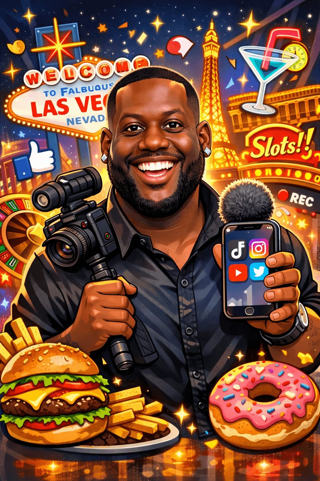Smiling man holding a camera and smartphone with social media icons, surrounded by food, neon signs, and Las Vegas imagery.