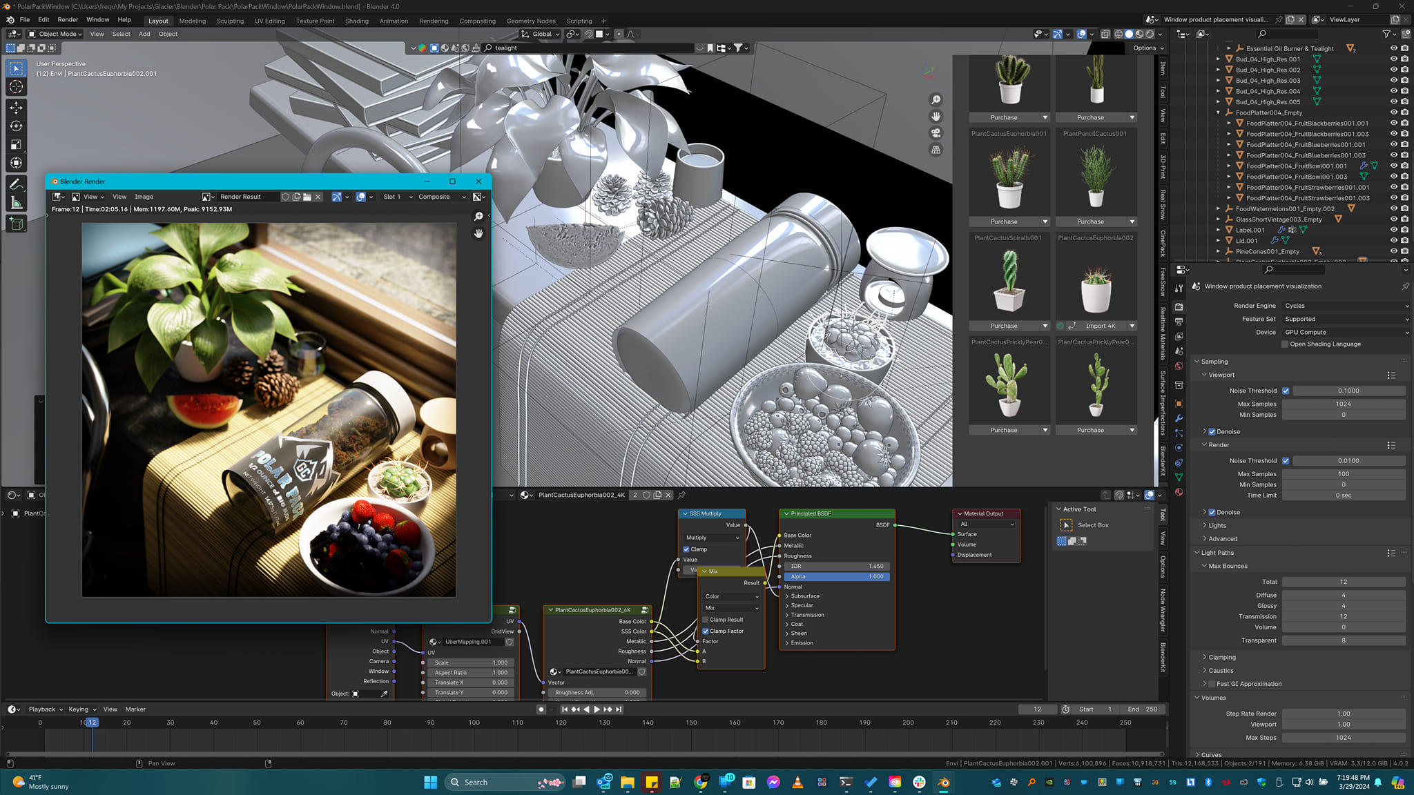 Computer screen displaying 3D modeling software with a plant, camera, and objects, alongside a photo of a plant and camera.