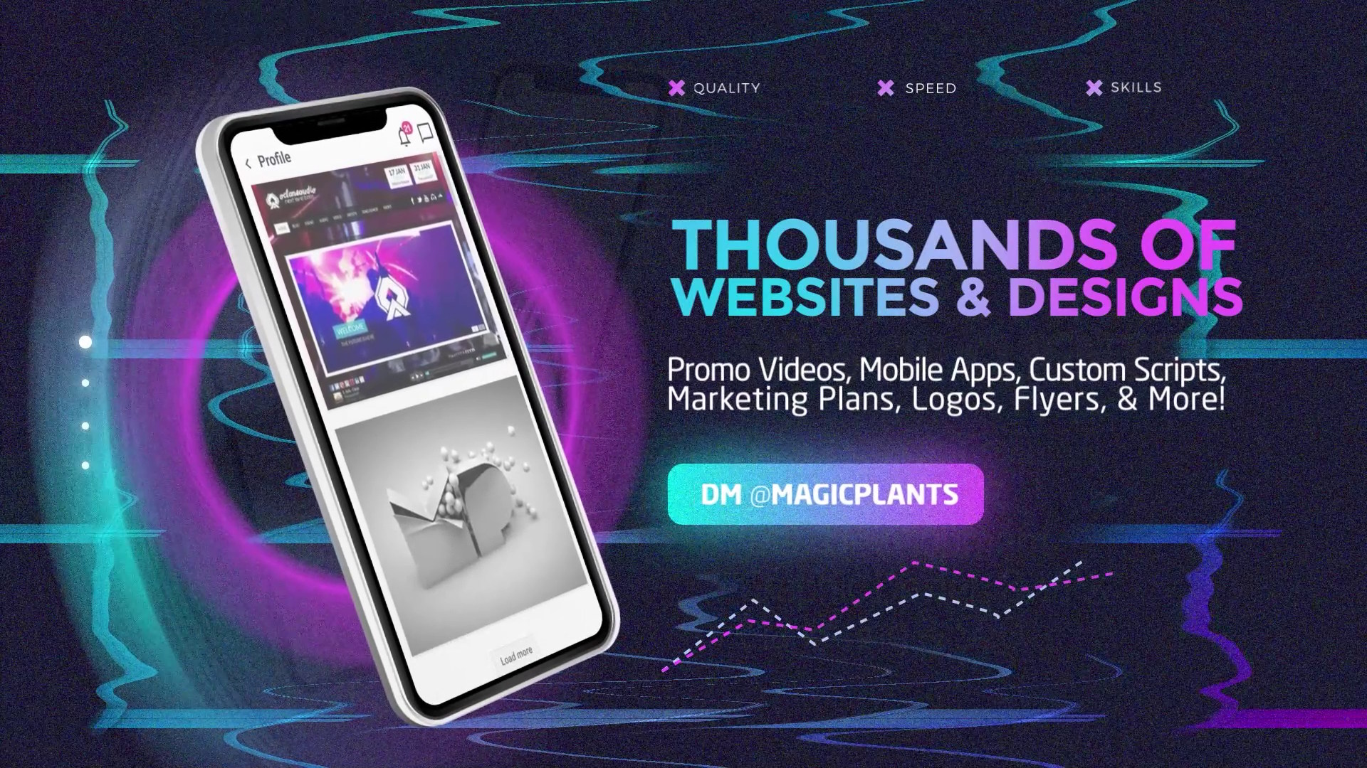 Digital advertisement for website and design services featuring a smartphone and colorful graphics.