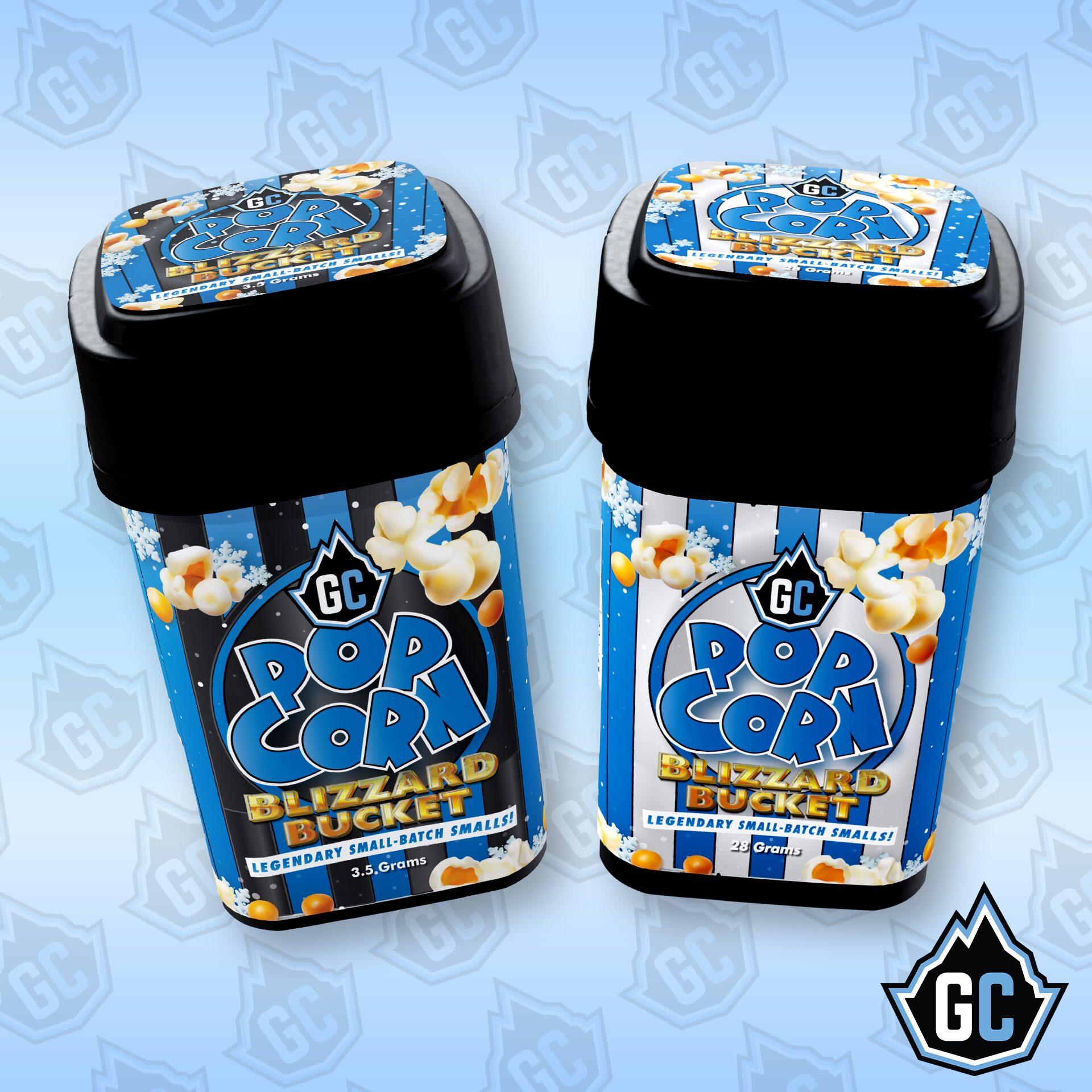 Two containers of popcorn with blue and white labels, black lids, and popcorn illustrations, side by side.